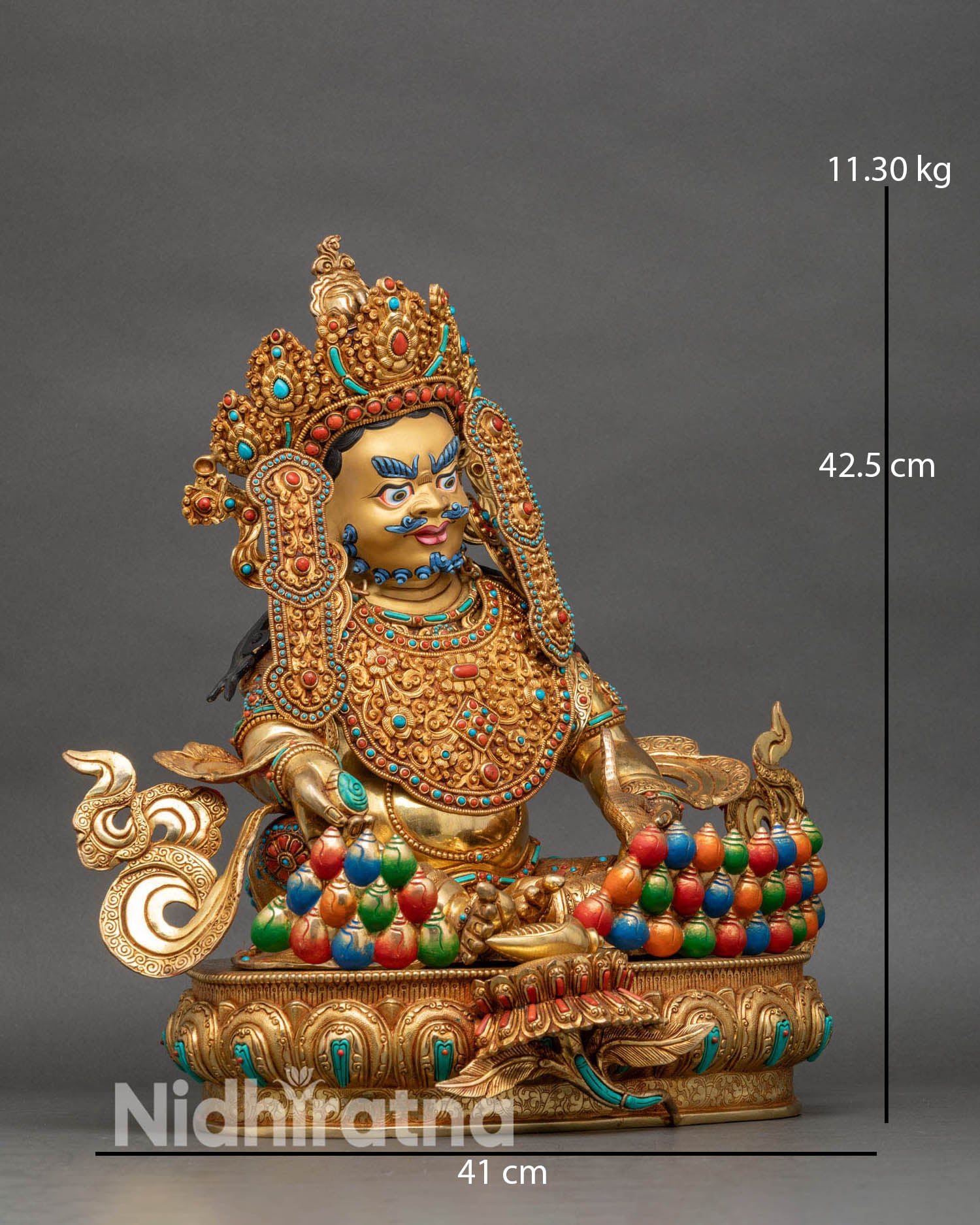Dzambhala statue side angle size dimensions 42.5cm 11.30kg gold copper Nepal
