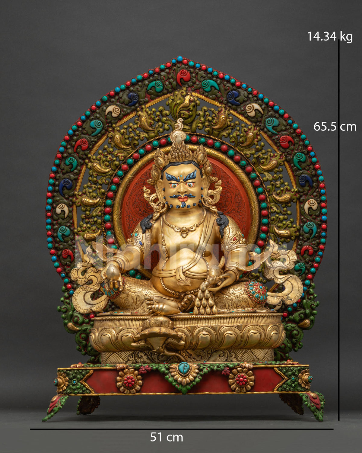 Dzambhala throne statue front view, gold gilded copper Nepal Buddhist wealth deity