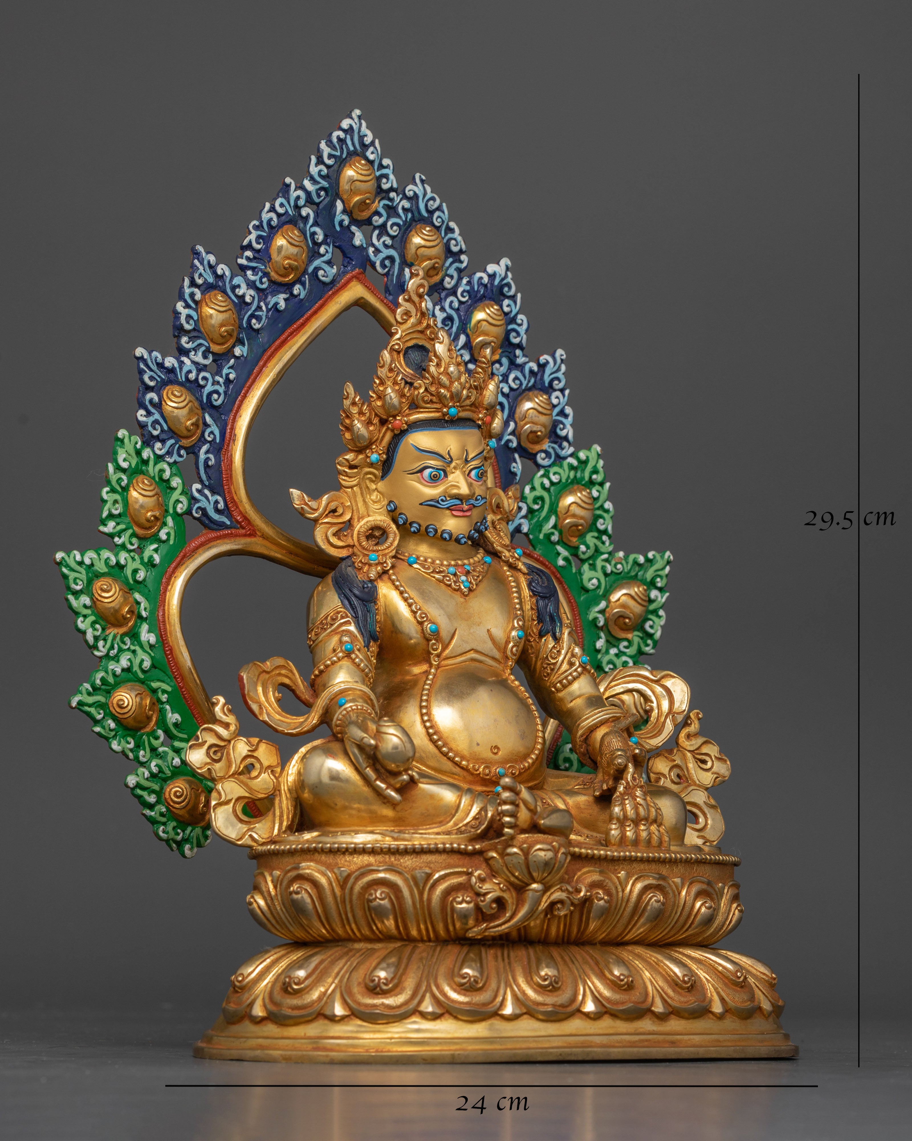 side profile of dzambhala statue with height 29.5 cm and width 24 cm