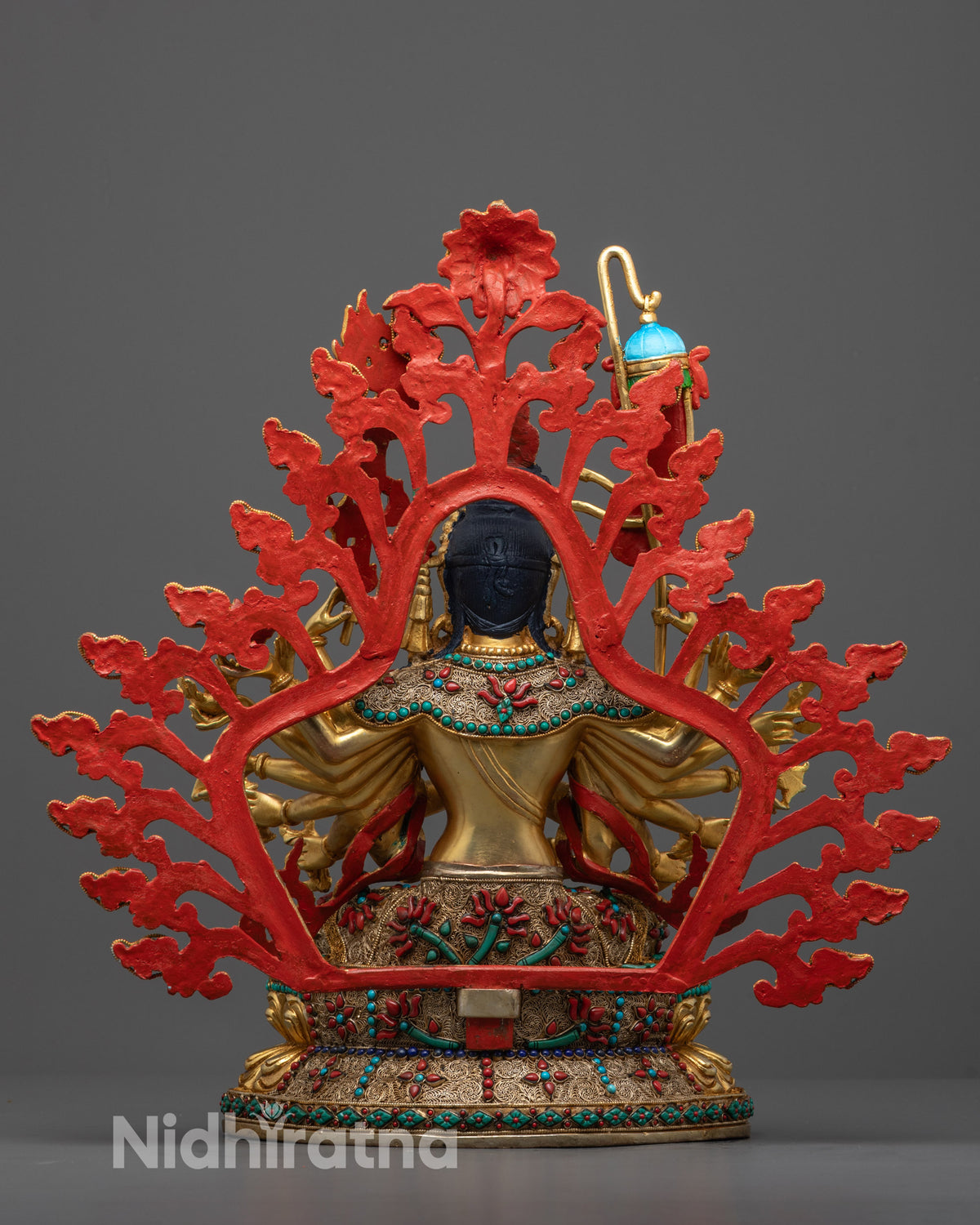 Eighteen armed Chundi statue with filigree carving and stone inlays