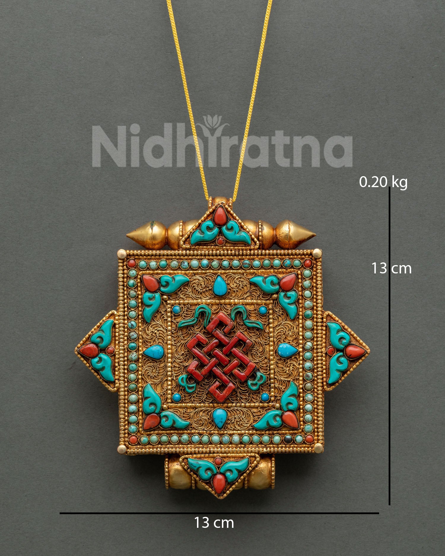 Endless Knot Buddhist pendant displayed as a Himalayan altar ornament