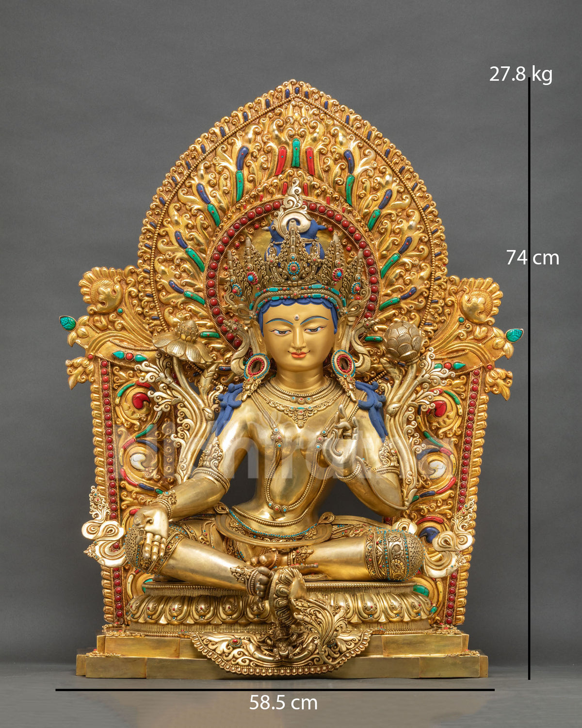 Enthroned Green Tara statue front view, 24K gold fire-gilded, 74 cm tall, handmade in Nepal