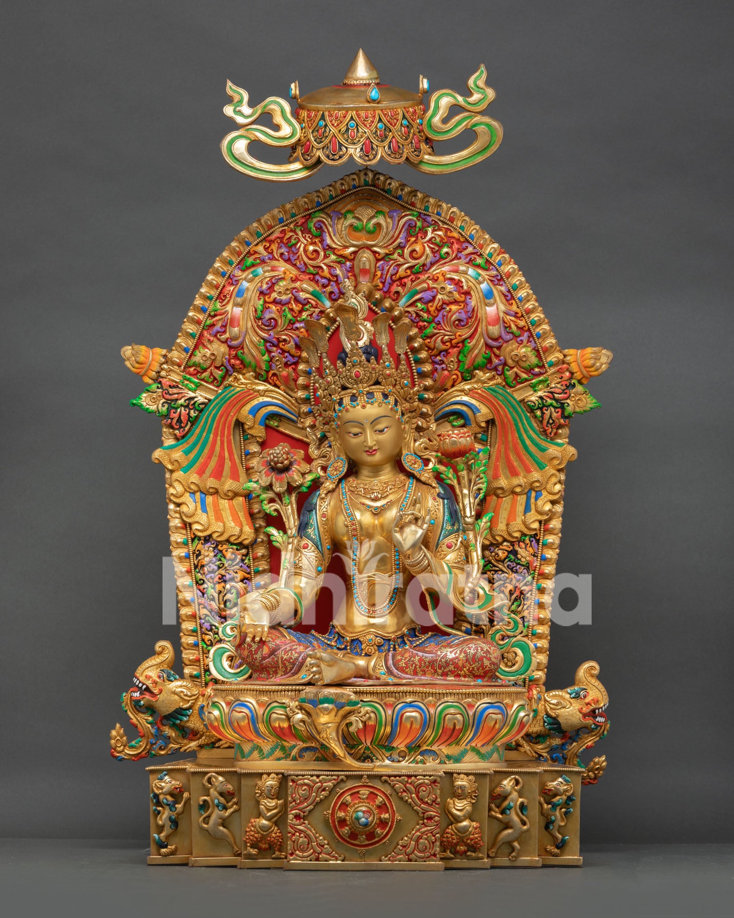 Enthroned Green Tara statue full front view, multicolor fire-gilded Nepali Buddhist sculpture