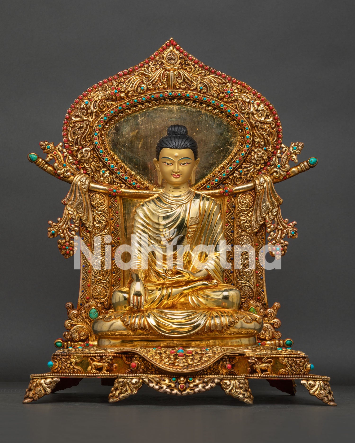 Enthroned Shakyamuni Buddha Statue with Jeweled Throne Handmade 24K Gold Gilded in Nepal