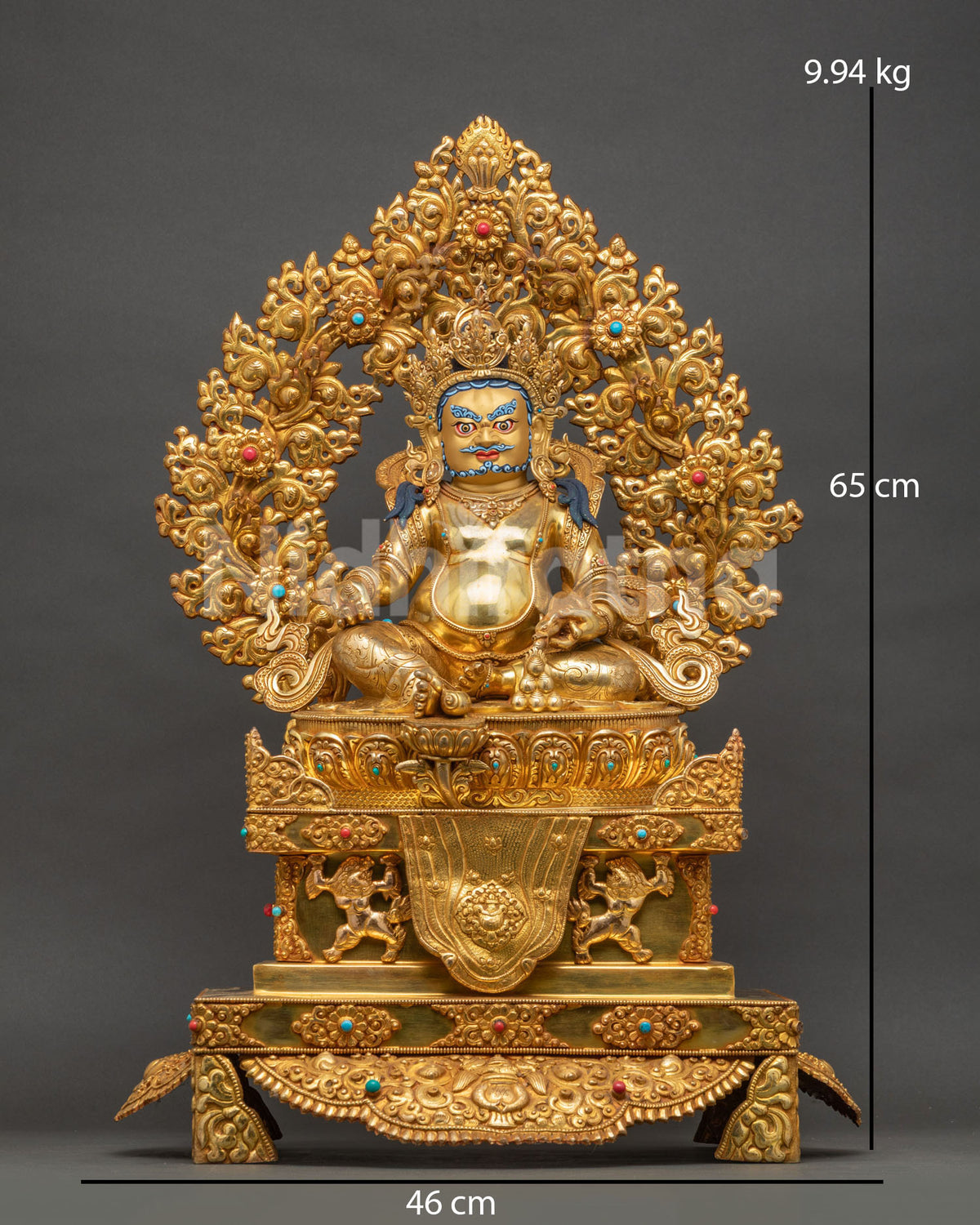 Enthroned Yellow Dzambhala statue front view, 24K gold fire-gilded copper on lion-supported throne