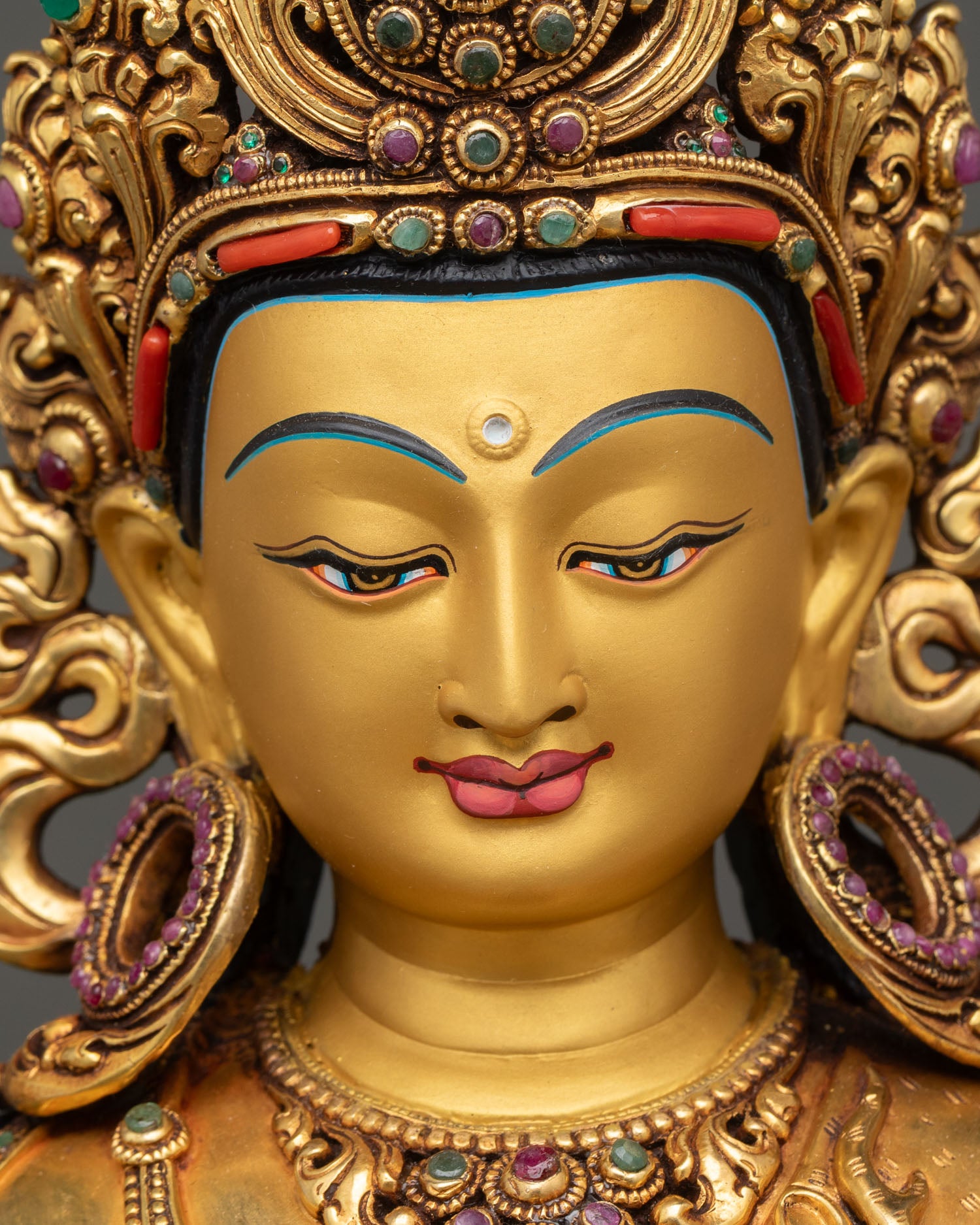 face close up avalokiteshvara chenrezig serene expression compassionate eyes buddhist deity