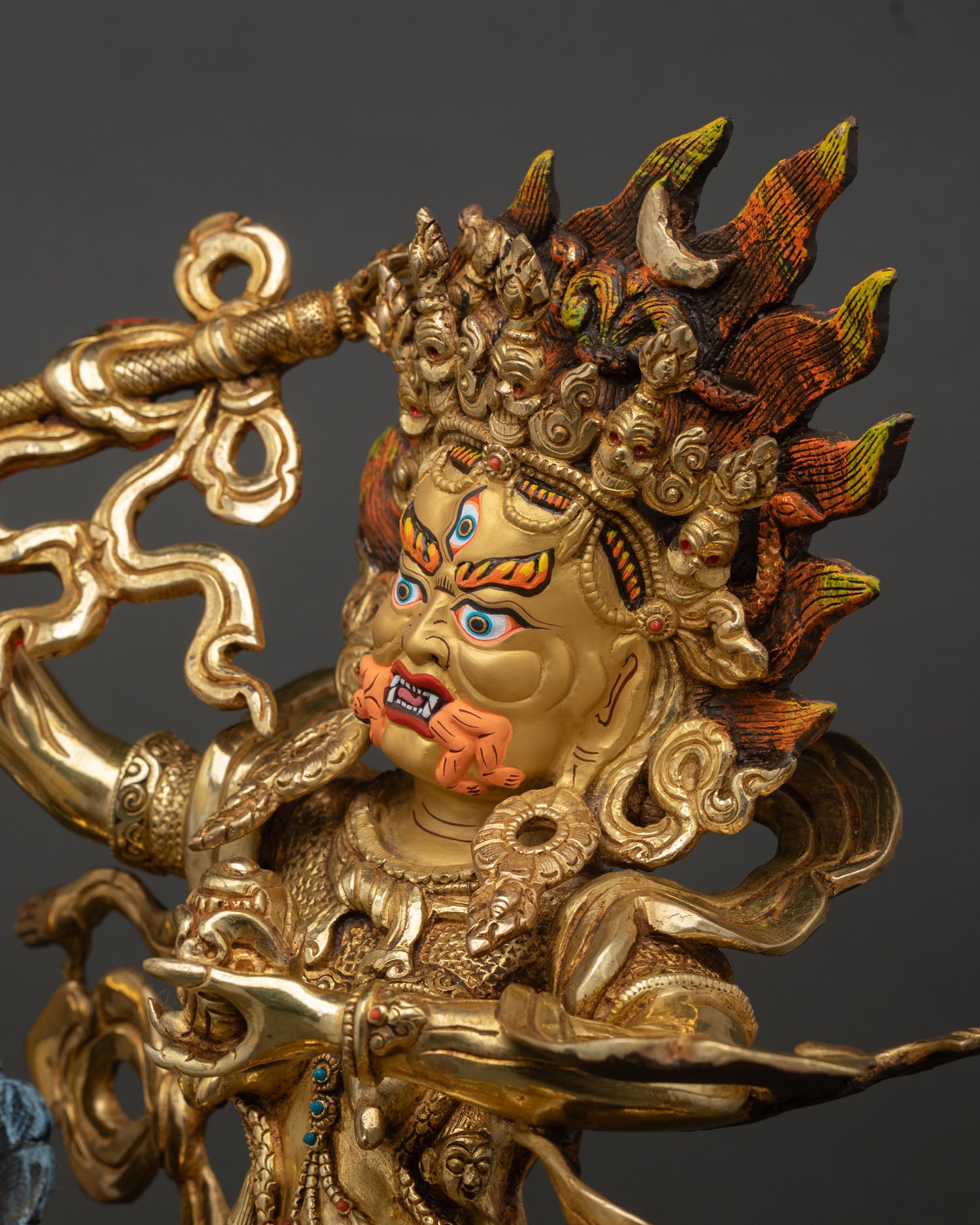 Face Close Up Palden Lhamo Statue, Wrathful Goddess Gold Painted Expression