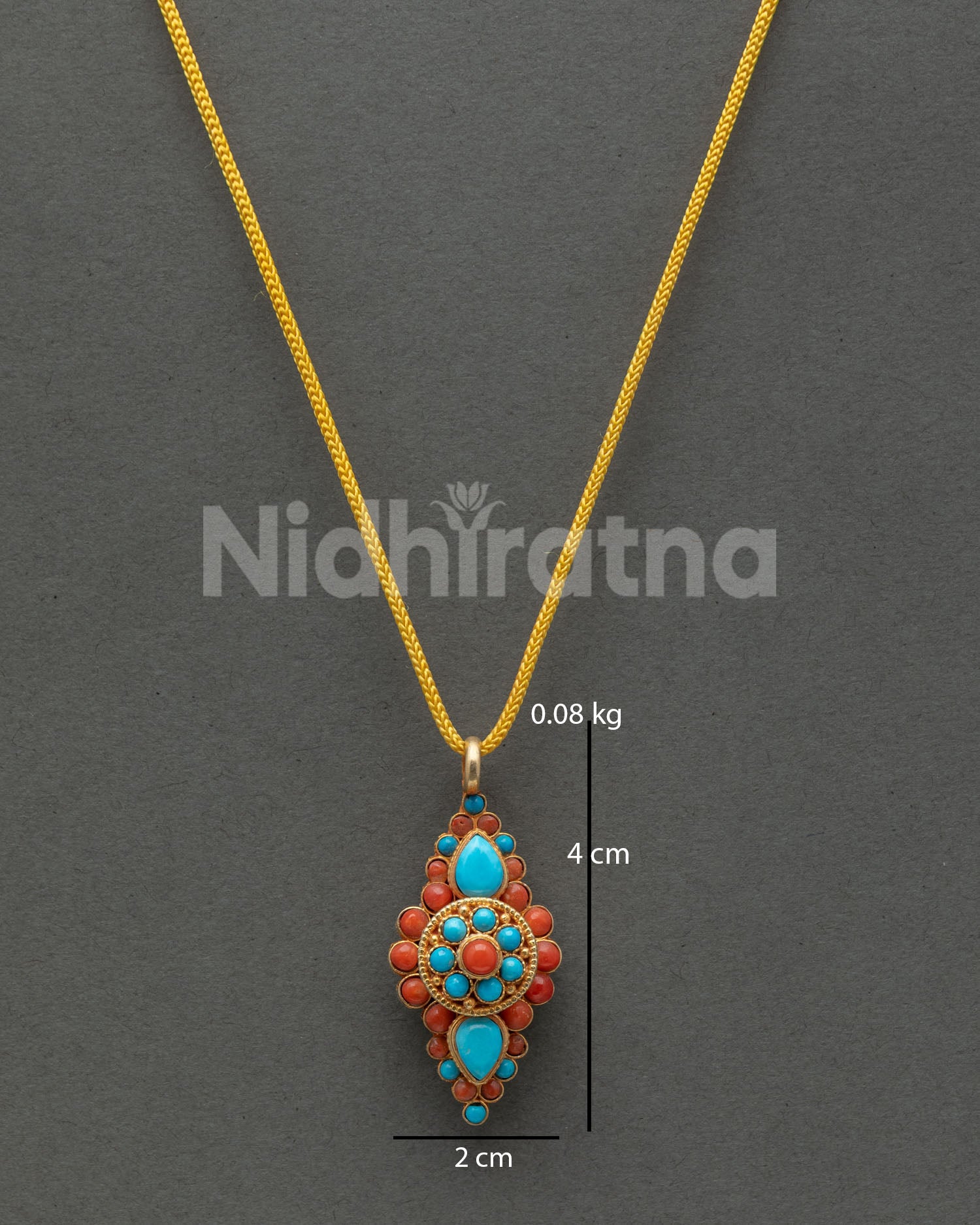 Flower locket with turquoise and coral stones in gold-plated copper