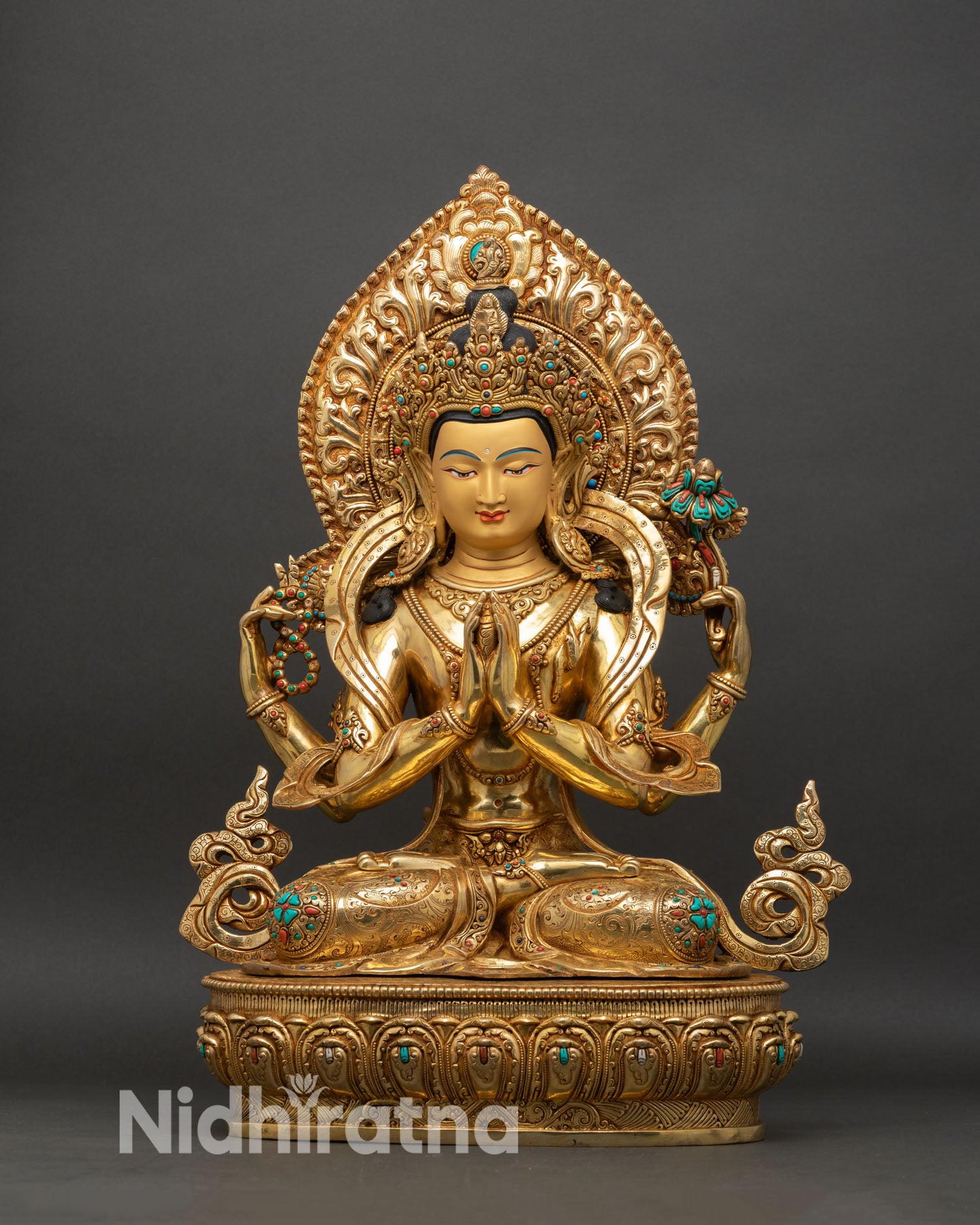 four arm chenrezig statue front view gold gilded copper avalokiteshvara nepal