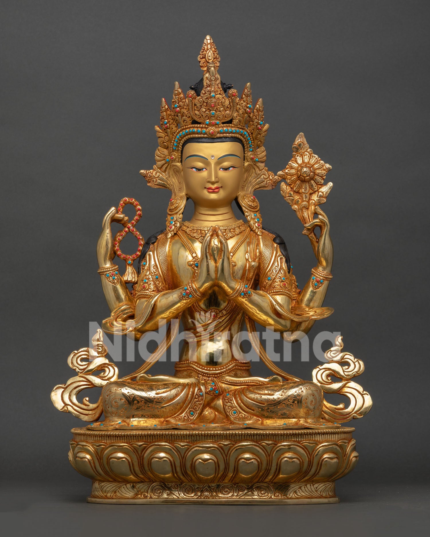 four arm chenrezig statue handcrafted copper with gold gilding from nepal