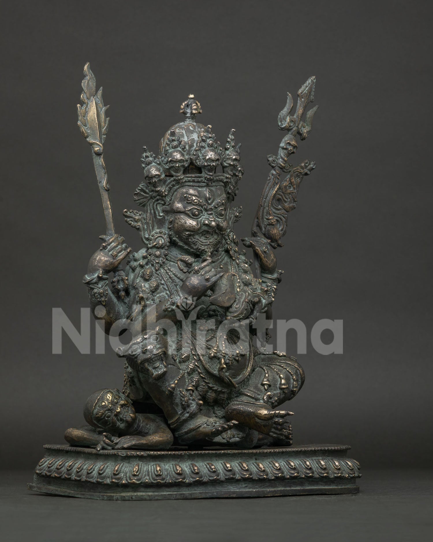 Four-Armed Mahakala Statue Myanmar, right side view, handcrafted bronze sculpture