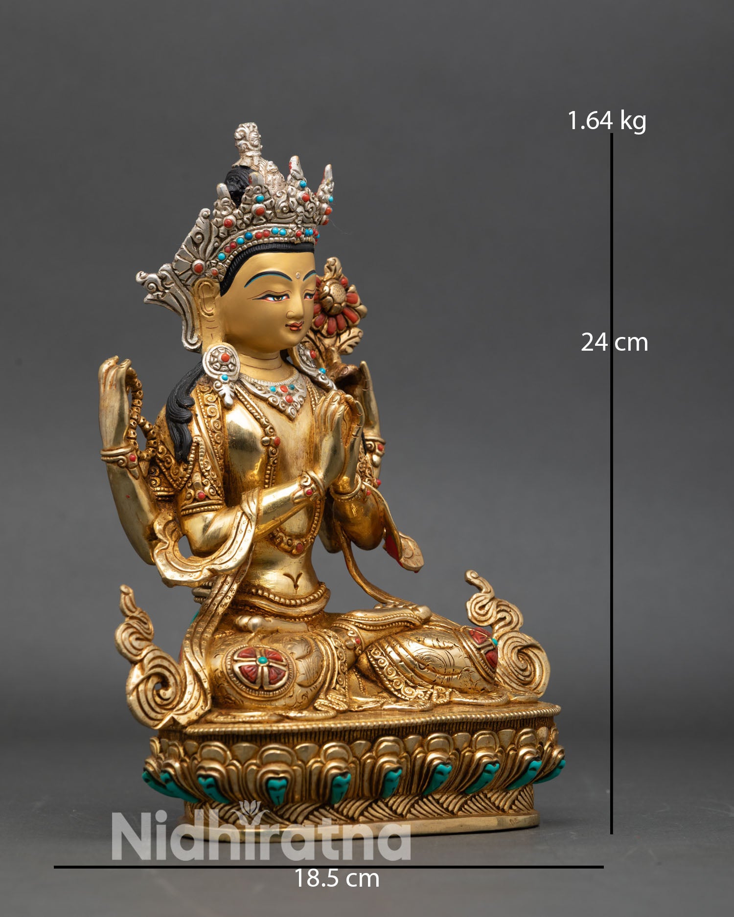 Four-Armed Avalokiteshvara right side view, Nepalese Buddhist statue with lotus seat