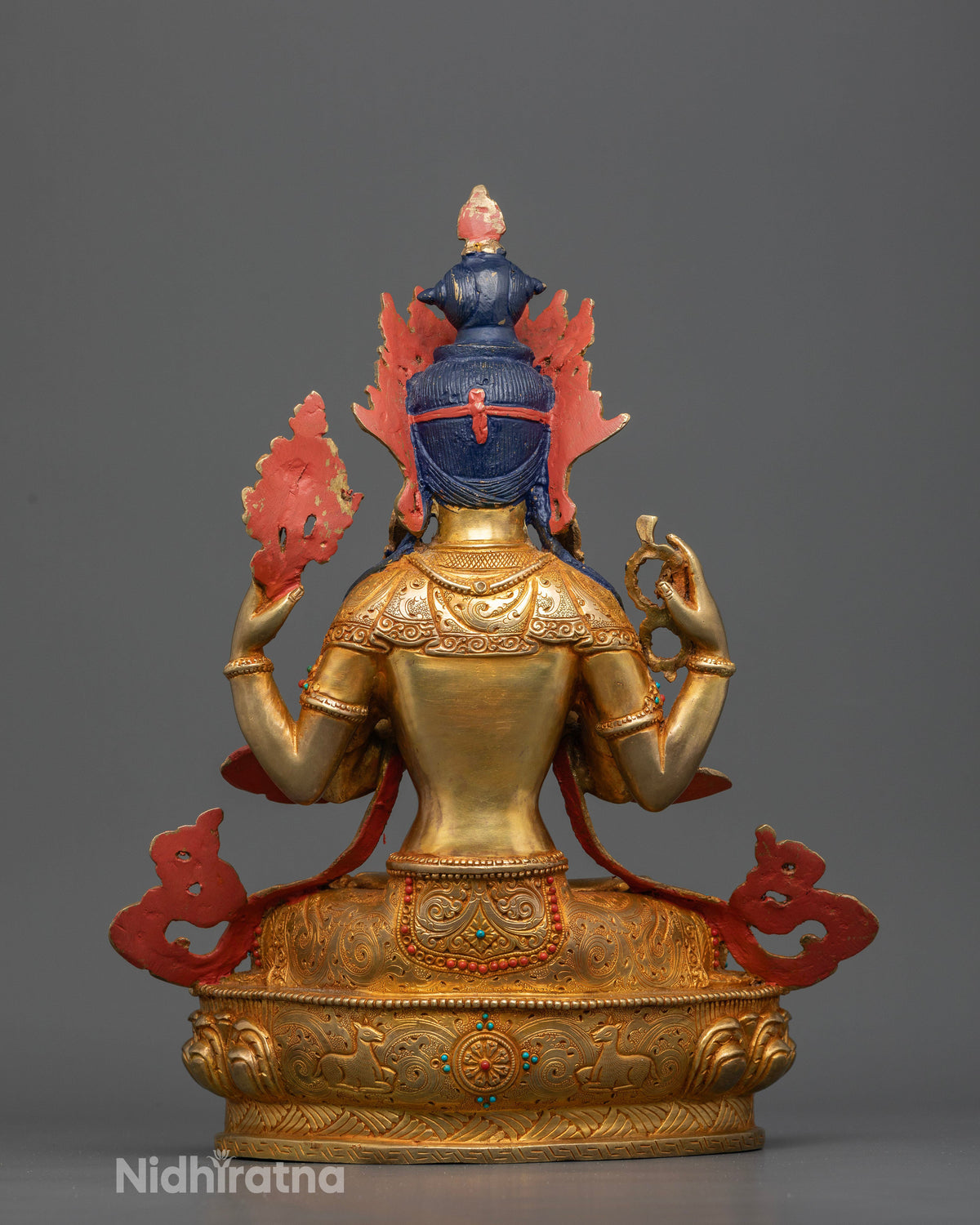 Four armed Avalokiteshvara statue seated on lotus pedestal for Buddhist altars and meditation