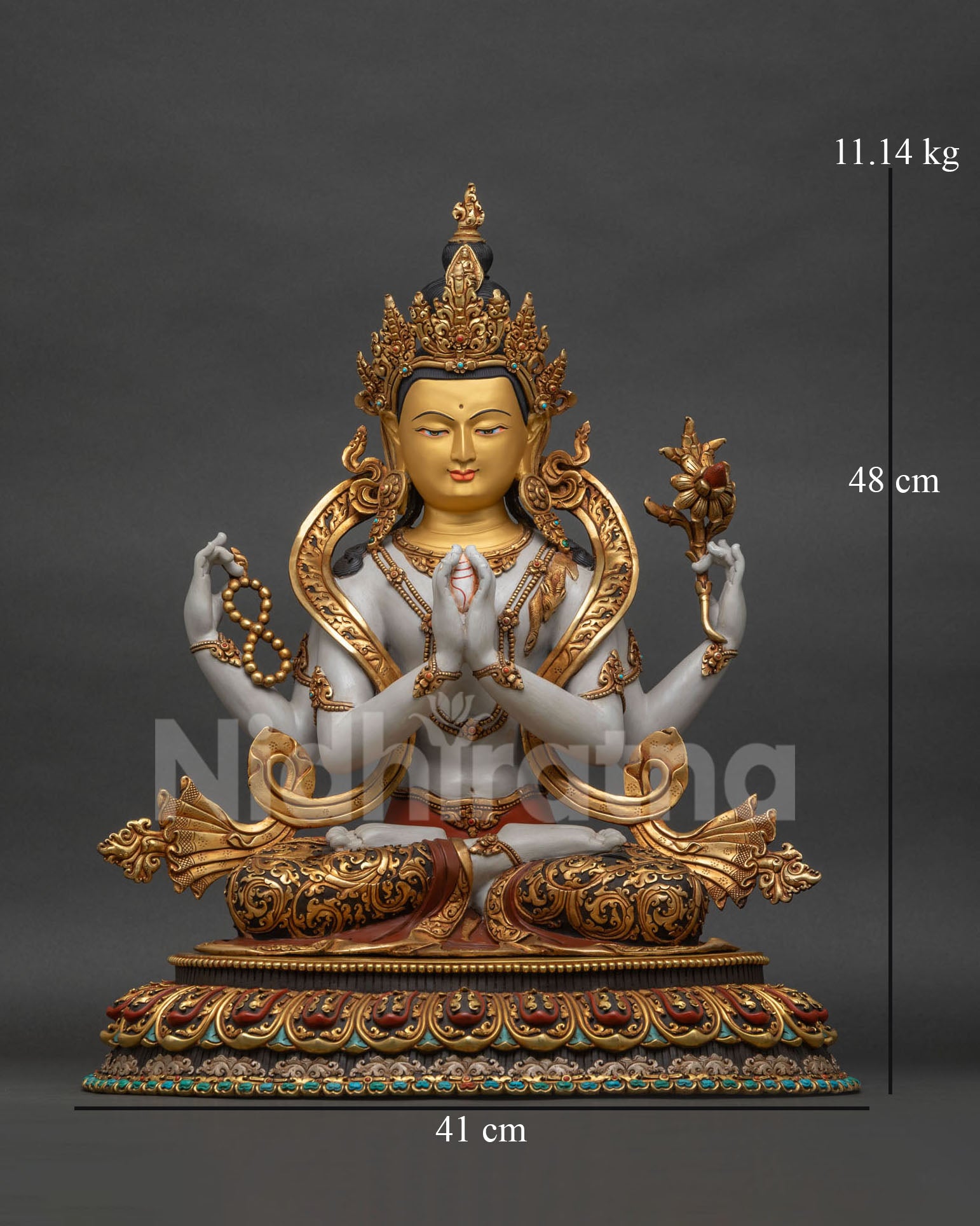 Four-Armed Chenrezig Avalokiteshvara statue handcrafted in Nepal, front view