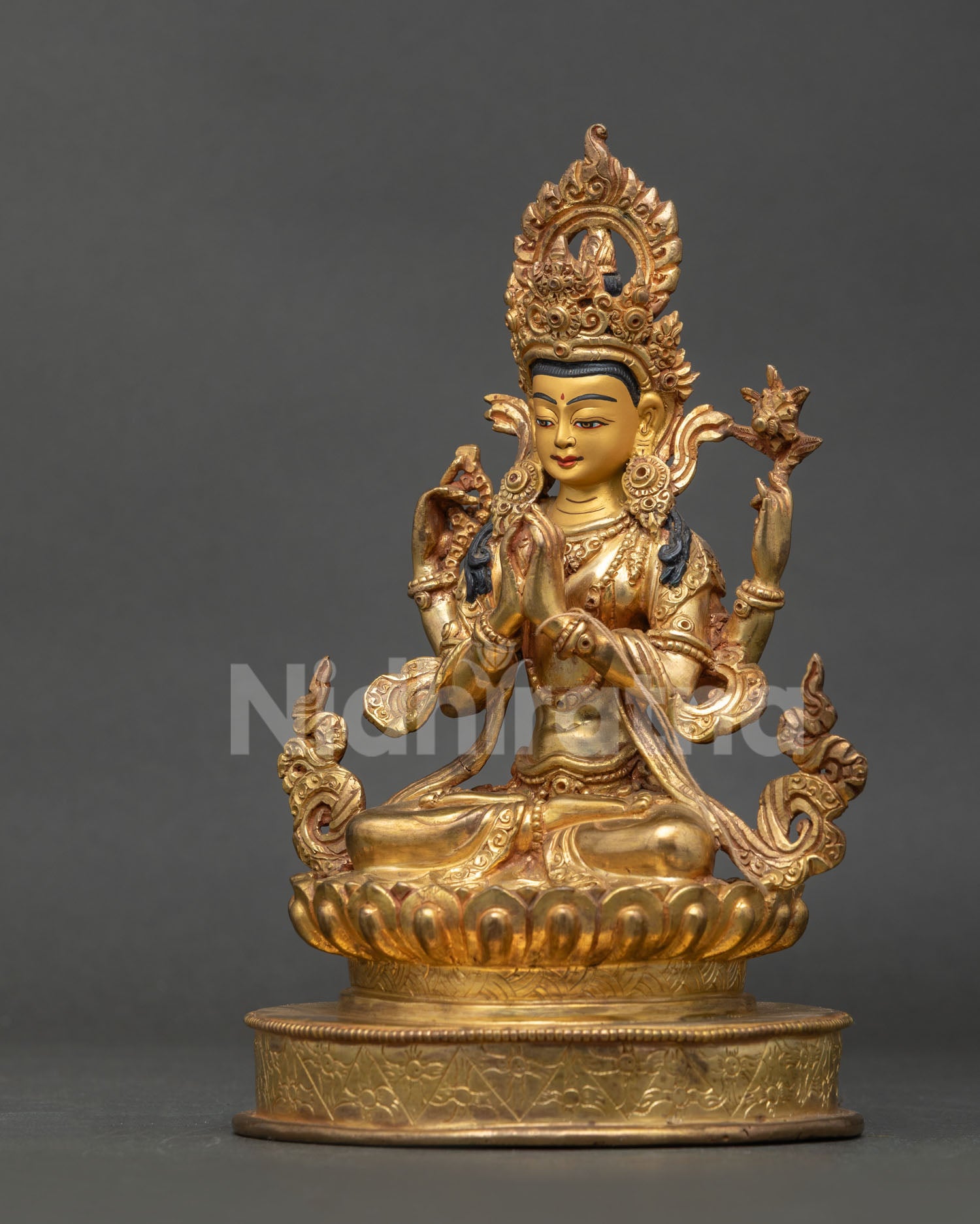 Four Armed Chenrezig Statue Crystal Rosary White Lotus Side View.