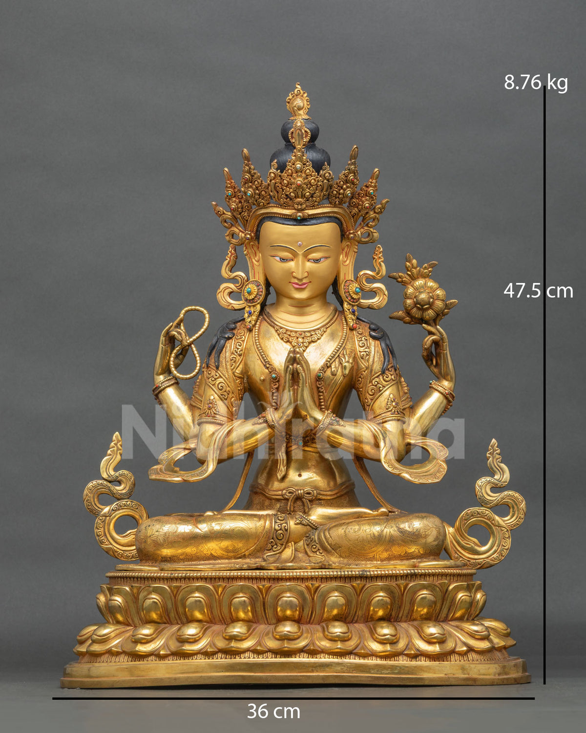Four-armed Chenrezig statue from Nepal in 24K gold fire-gilded copper, front view on double lotus pedestal
