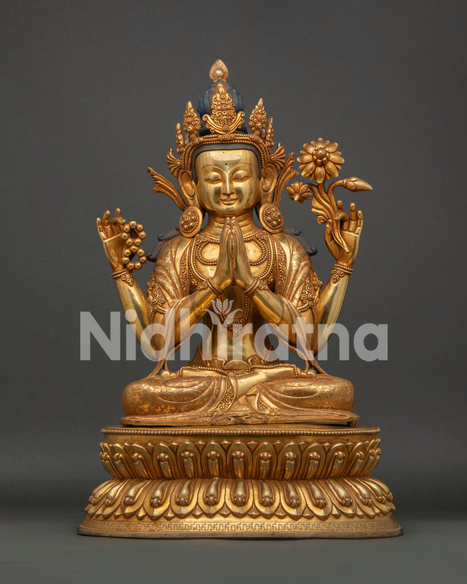 Four Armed Chenrezig Statue Front View 24K Gold Gilded Avalokiteshvara Buddhist Sculpture