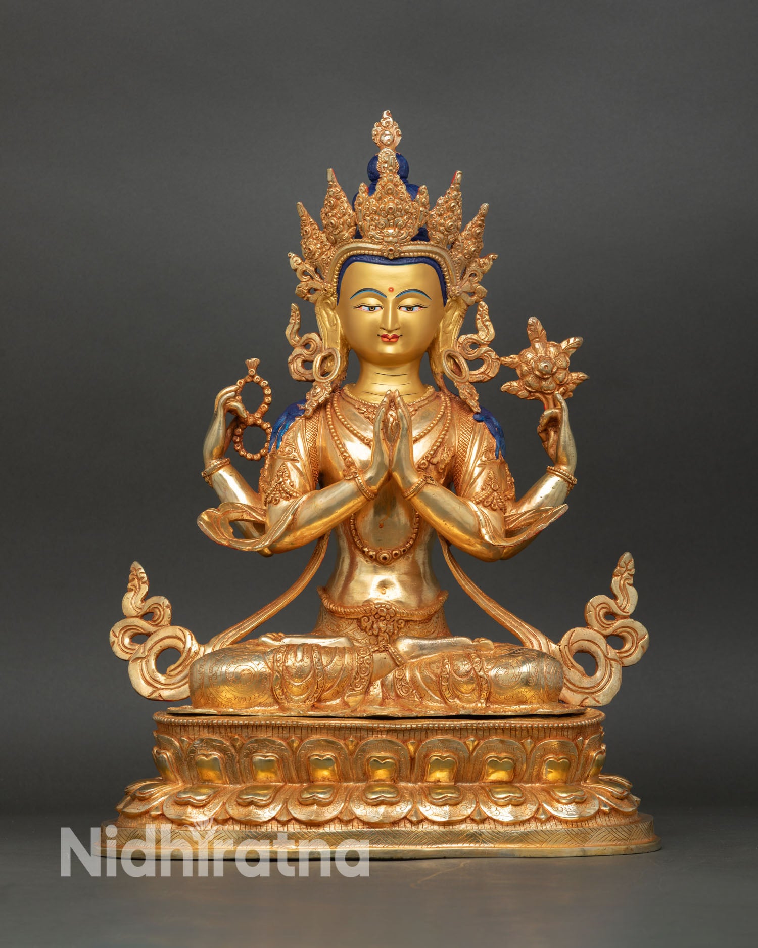 Four-Armed Chenrezig statue front view Avalokiteshvara gold gilded copper Nepal Newar artisan lost wax casting