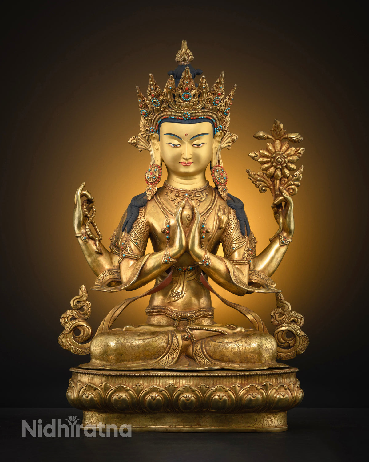 Four-Armed Chenrezig statue front view, gold-gilded copper Avalokiteshvara handcrafted in Nepal