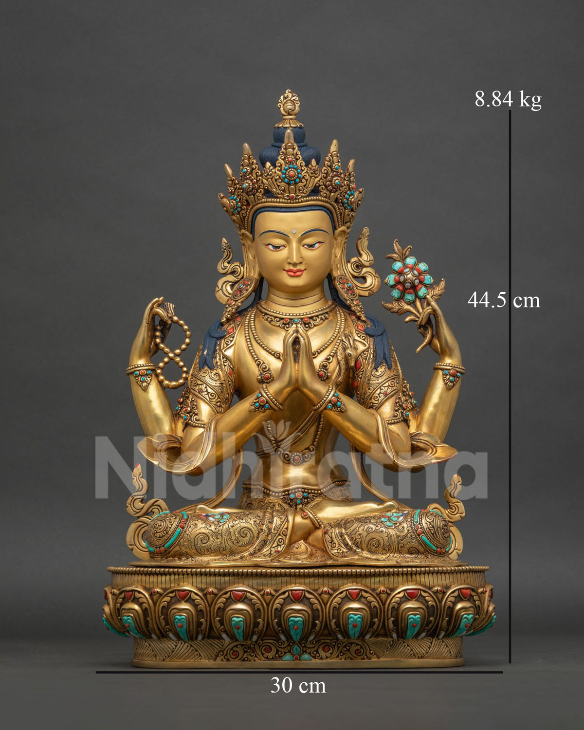 Four-Armed Chenrezig statue front view, handcrafted 24K gold fire-gilded copper sculpture