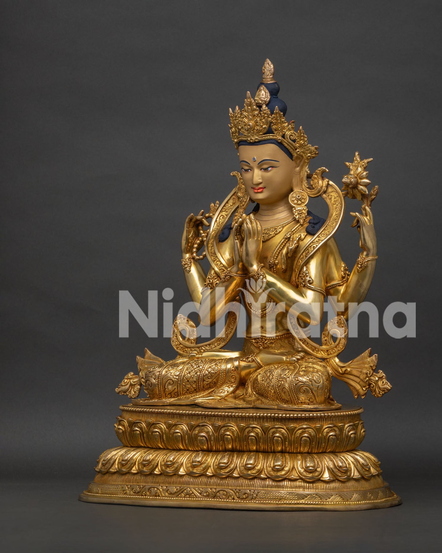 Four Armed Chenrezig Statue left view side displaying handcrafted Himalayan details