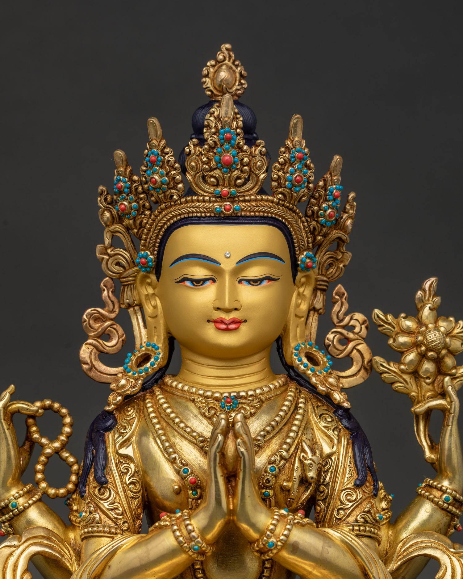 Four-Armed Chenrezig Statue regular close up handcrafted gold gilded copper sculpture