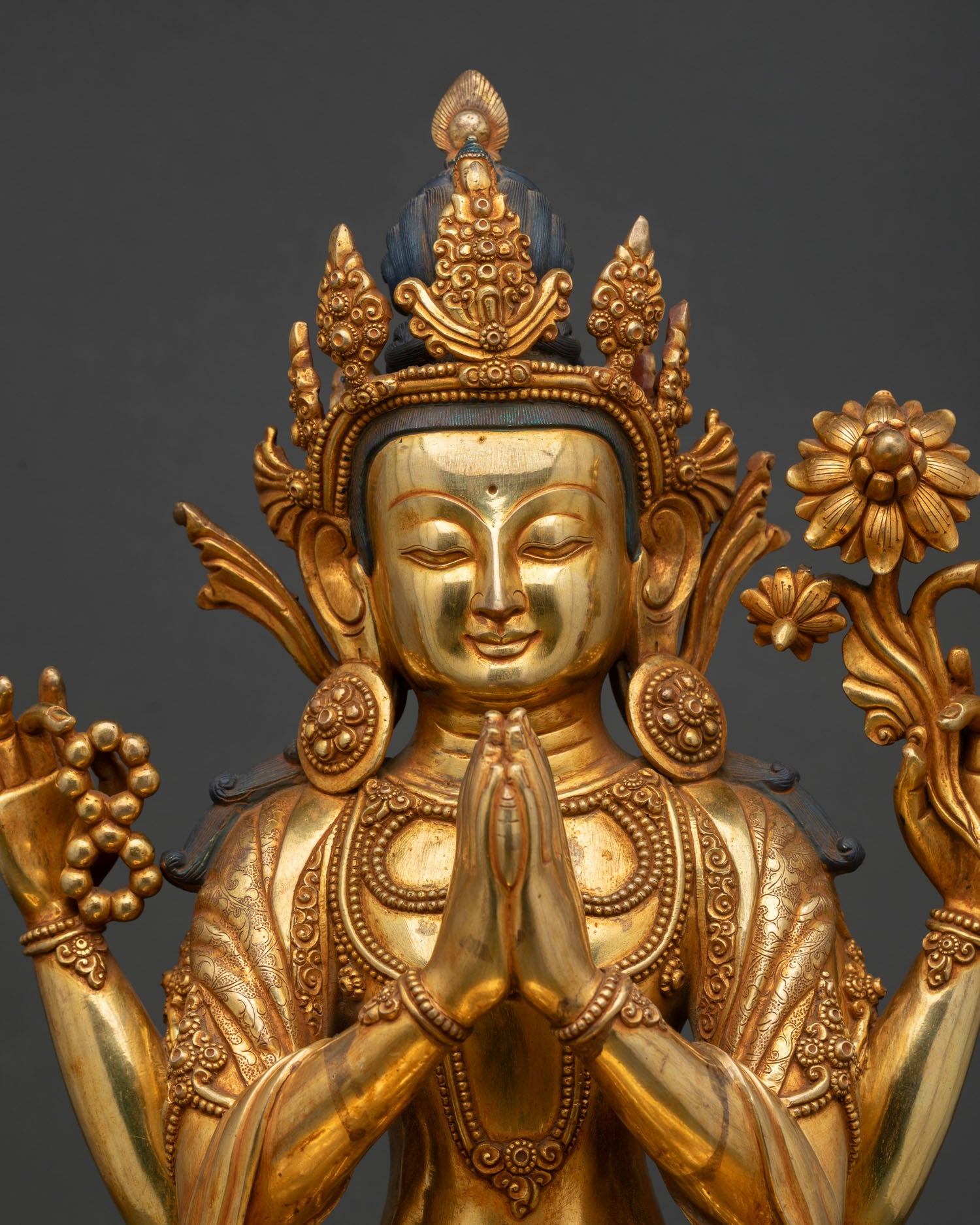 Four Armed Chenrezig Statue Regular Close Up Nepalese Handmade Compassion Deity Art