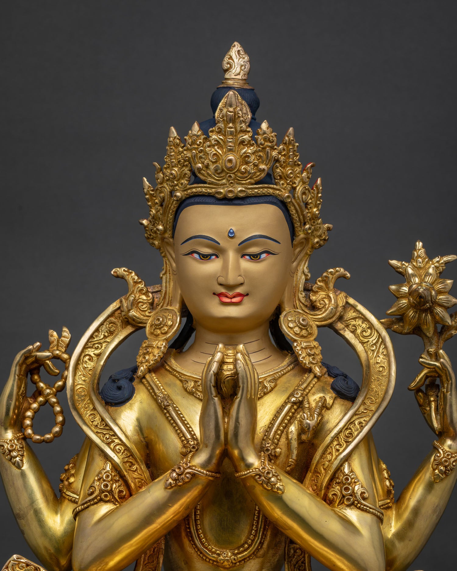Four Armed Chenrezig Statue regular close up showing Newari artisan details from Nepal