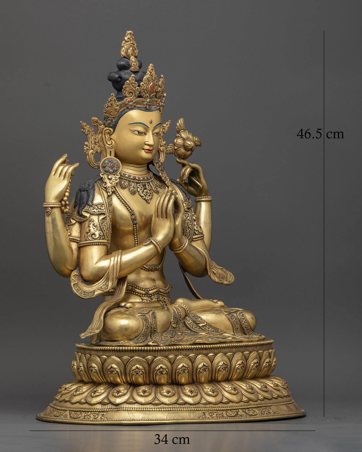 Four-Armed Chenrezig Statue, right side view of handcrafted gold-gilded sculpture