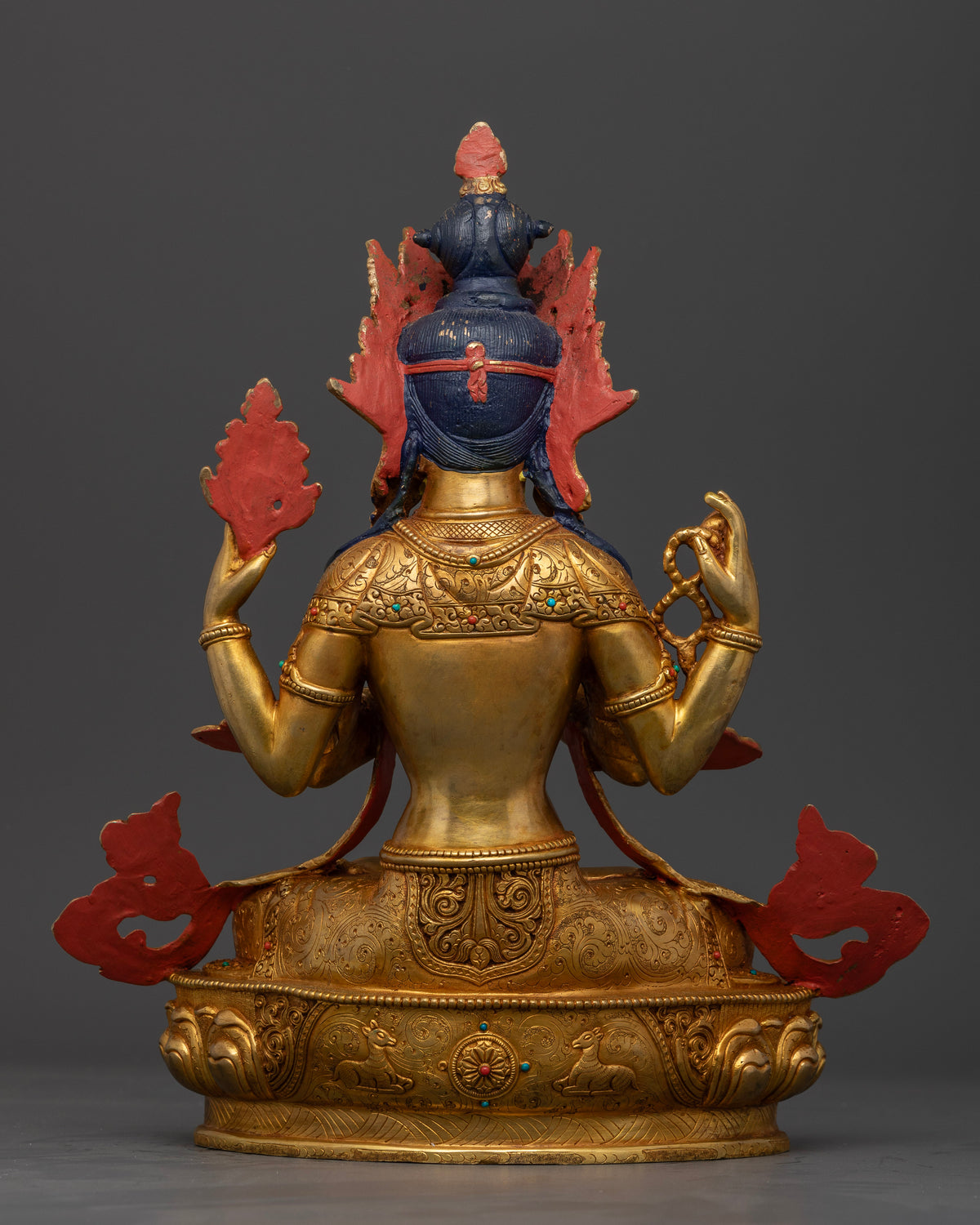 Four-Armed Chenrezig Statue Seated on Lotus Seat with Intricate Sacred Details