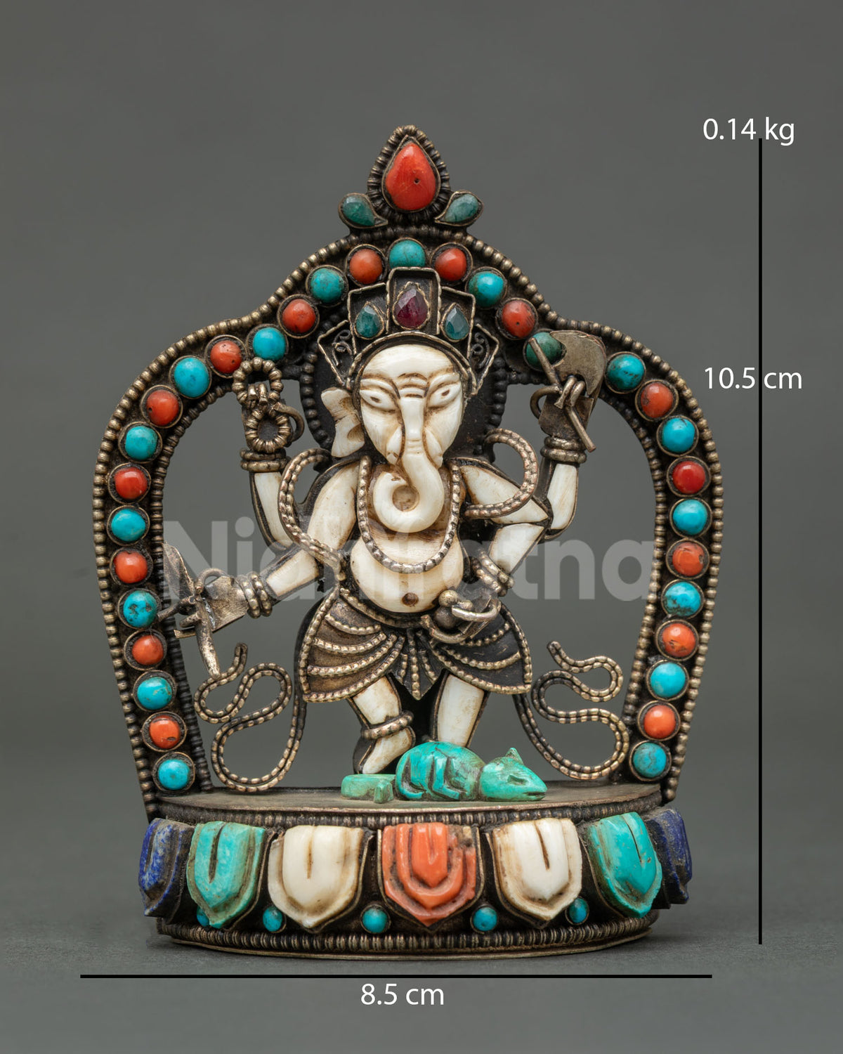 four armed ganesh statue from nepal in white stone with turquoise mushika front view