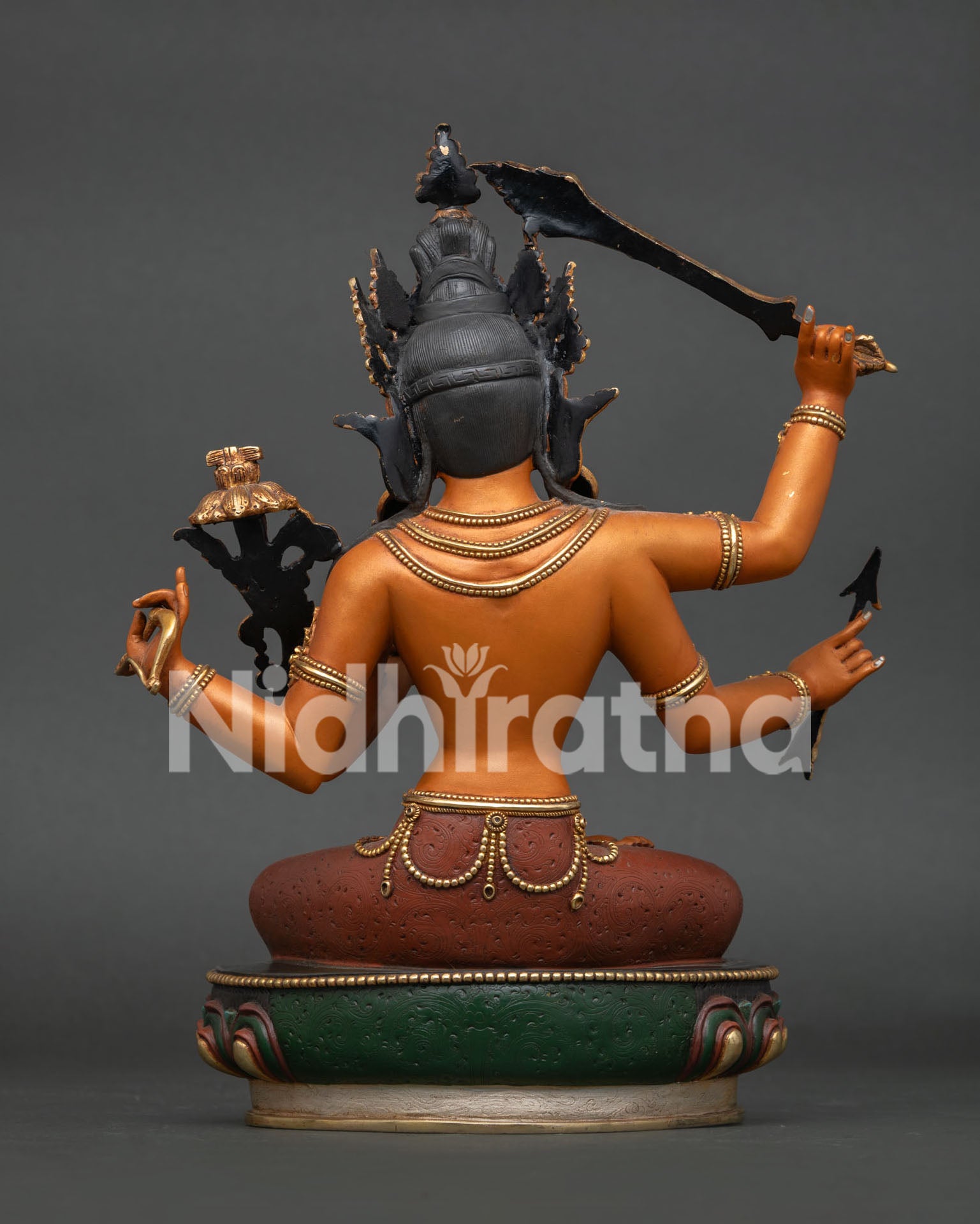 Four Armed Maha Manjushri Statue Back View Handcrafted Copper Buddhist Sculpture