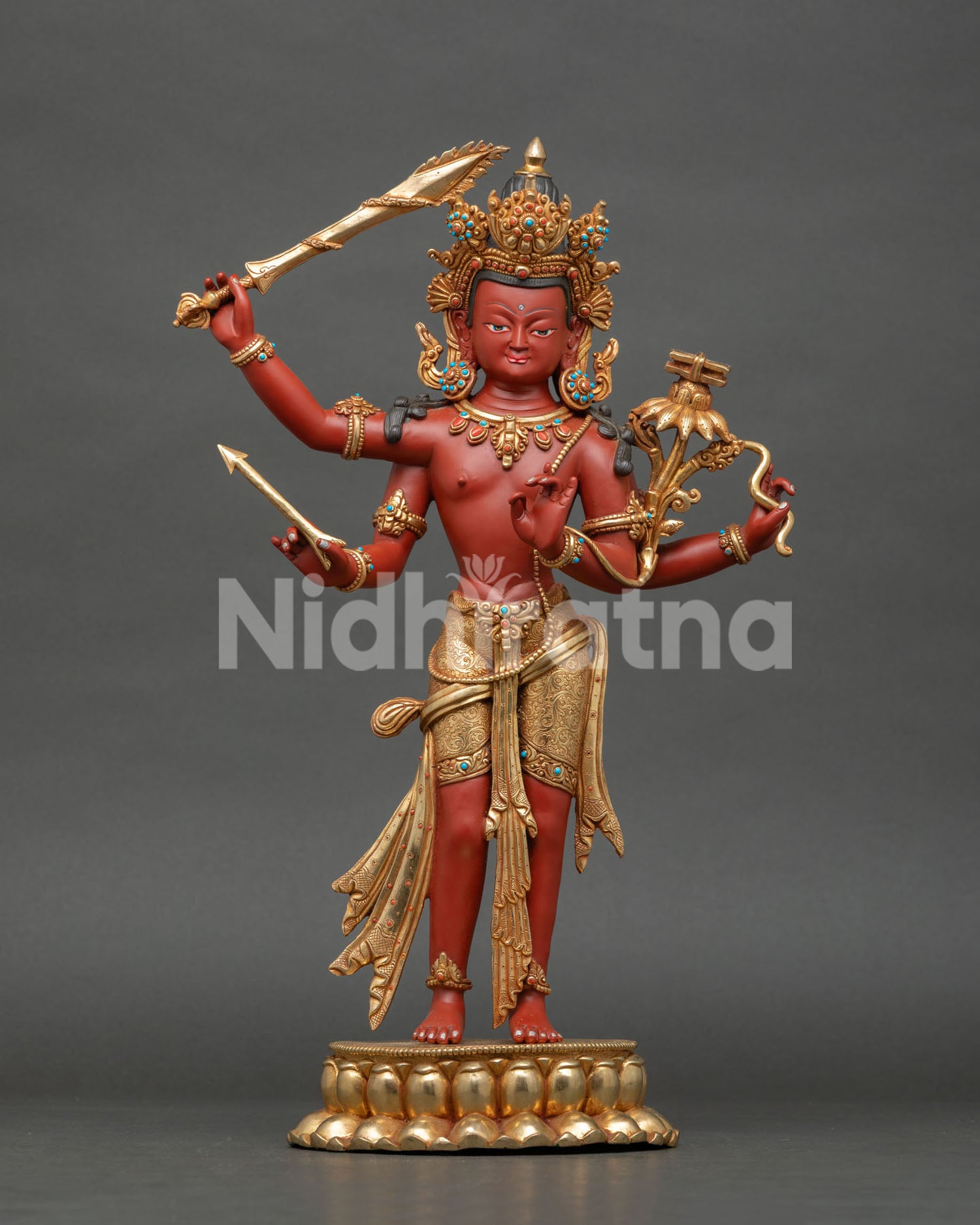 Four-Armed Maha Manjushri Statue, handcrafted copper Buddhist artwork