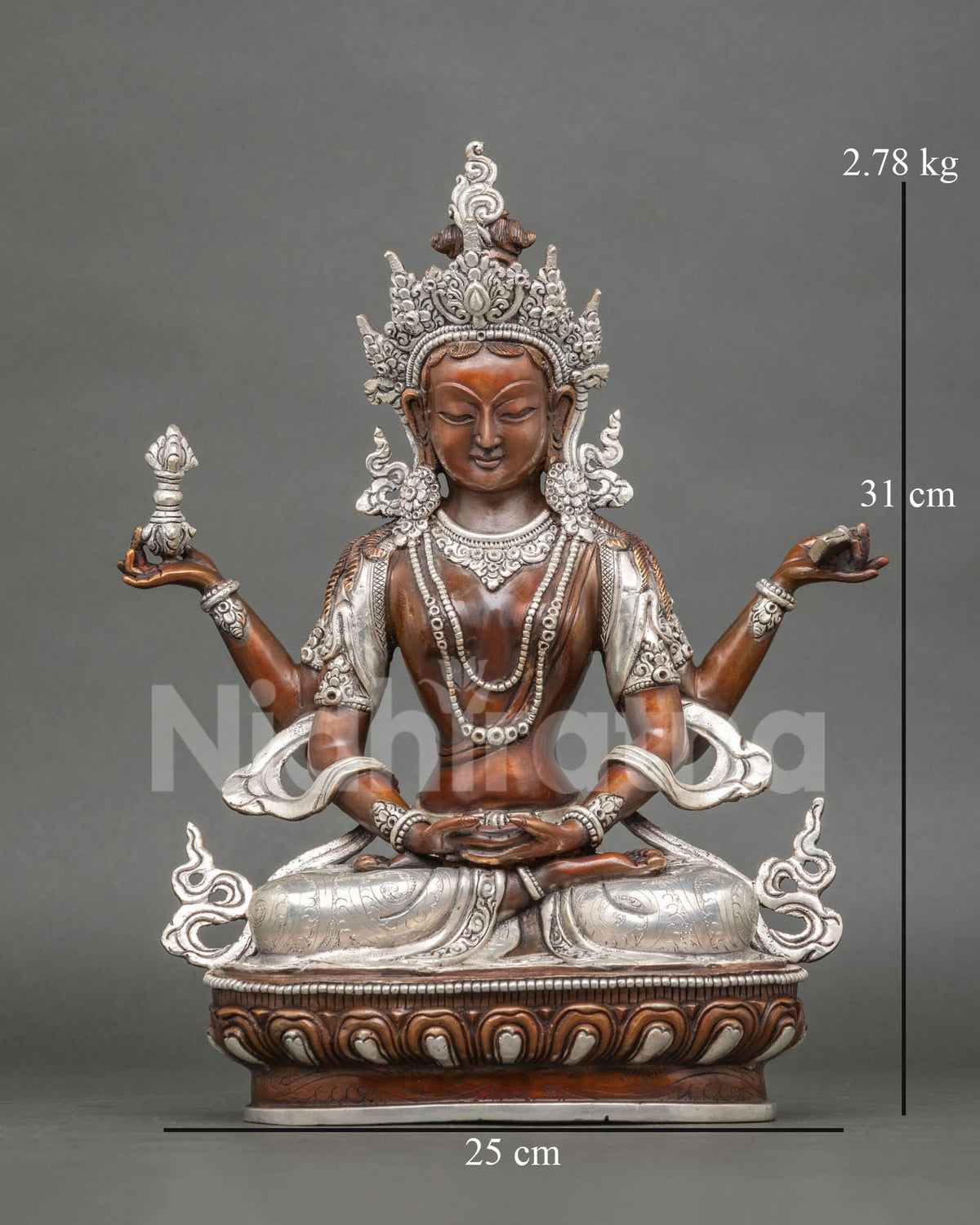 Four-armed Prajnaparamita statue front view, oxidized copper with silver plating, handcrafted in Nepal