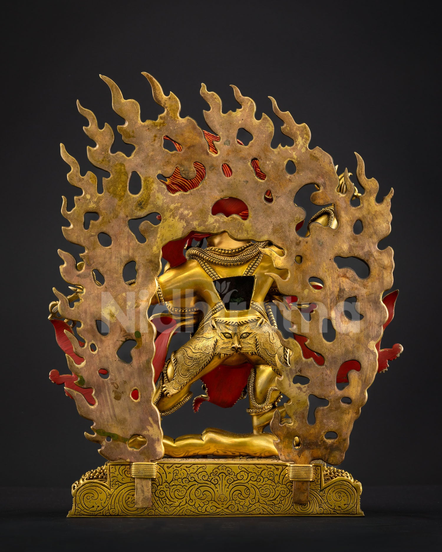 Four Armed Vajrapani statue Bhutadamara Tamer of Spirits standing posture lotus throne fire halo handcrafted Nepalese Buddhist ritual sculpture