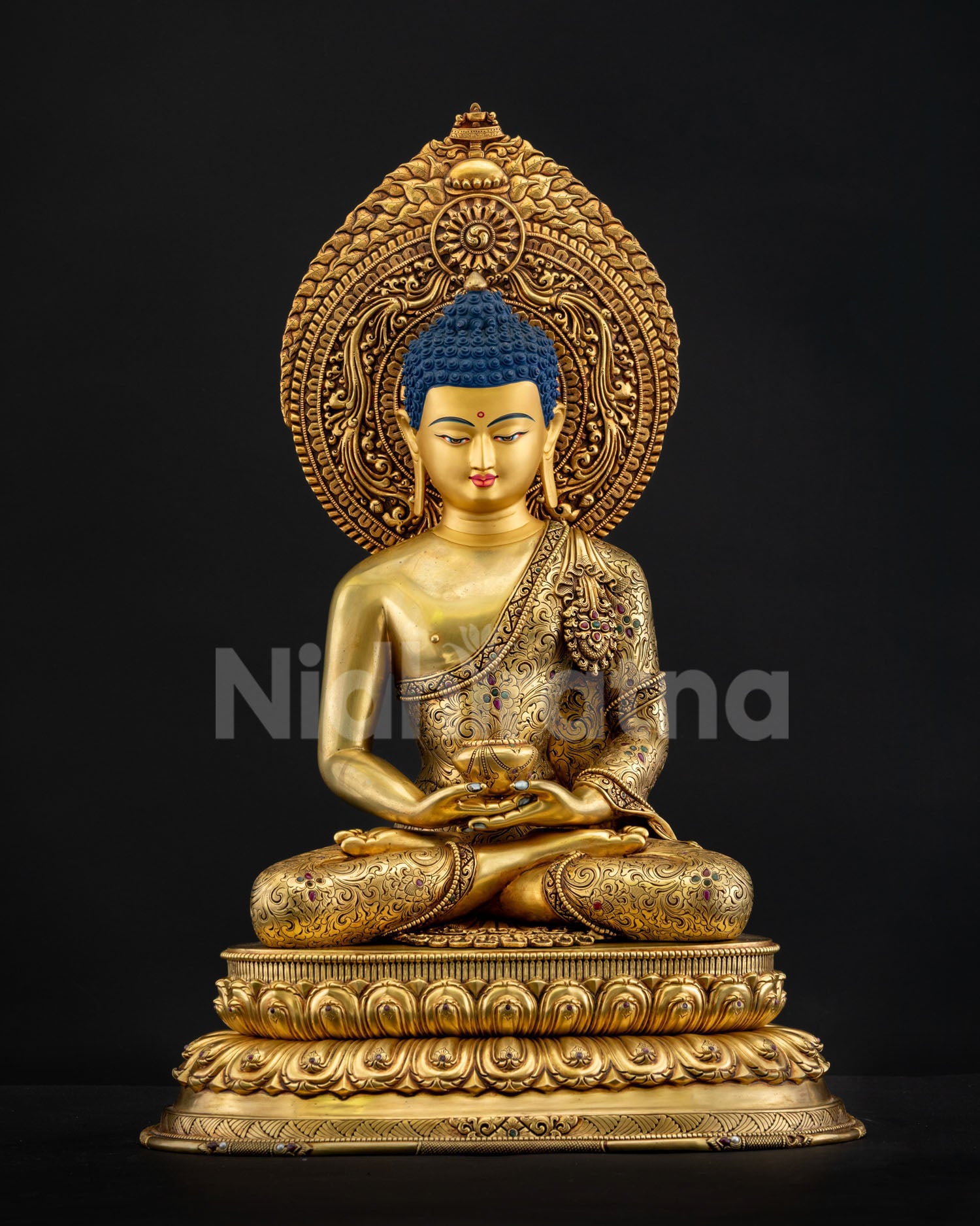 Front angled view of Amitabha Buddha statue highlighting serene expression, Patra Bowl, and ornate halo