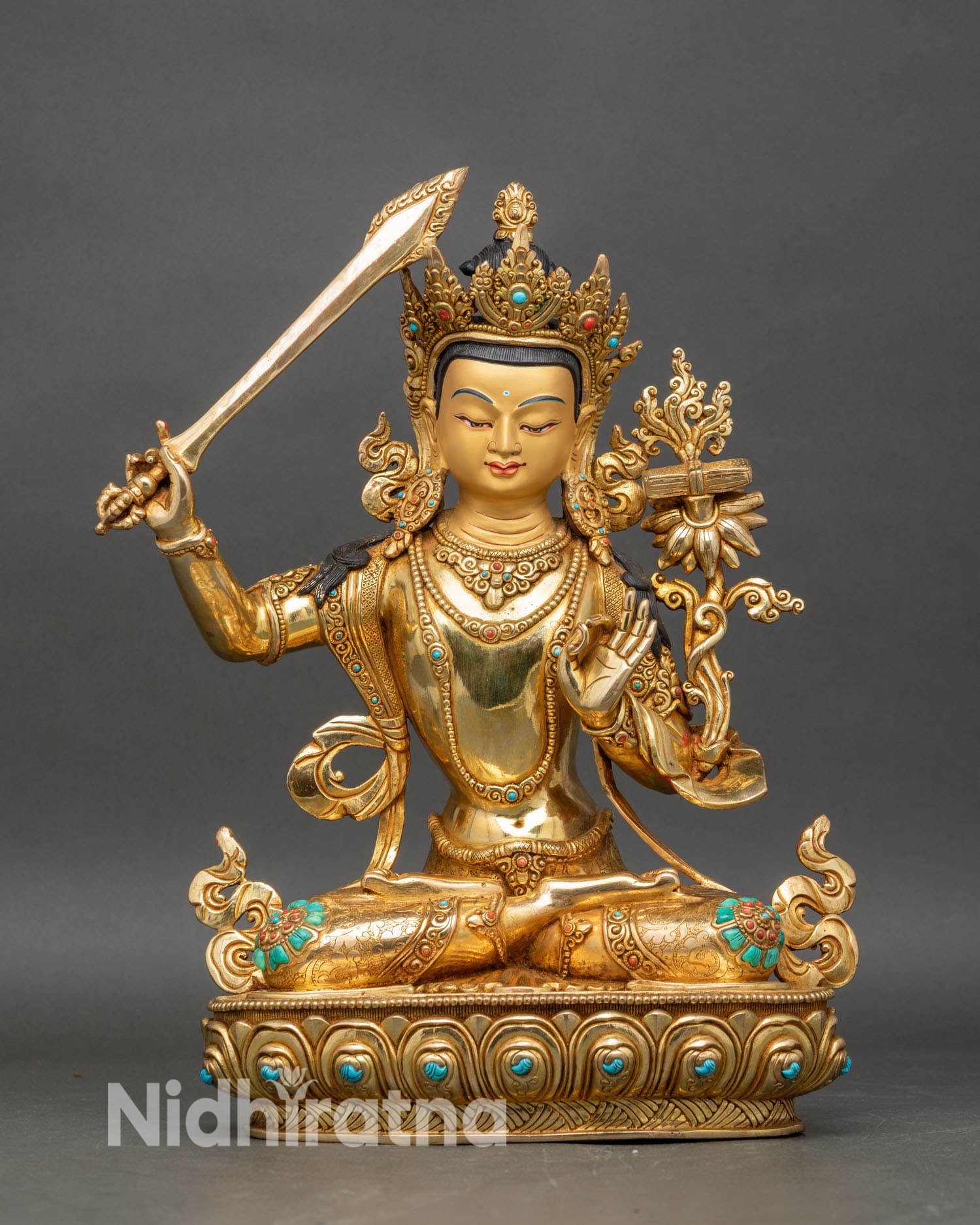 Front view of 24K gold gilded Manjushri statue handcrafted in Nepal