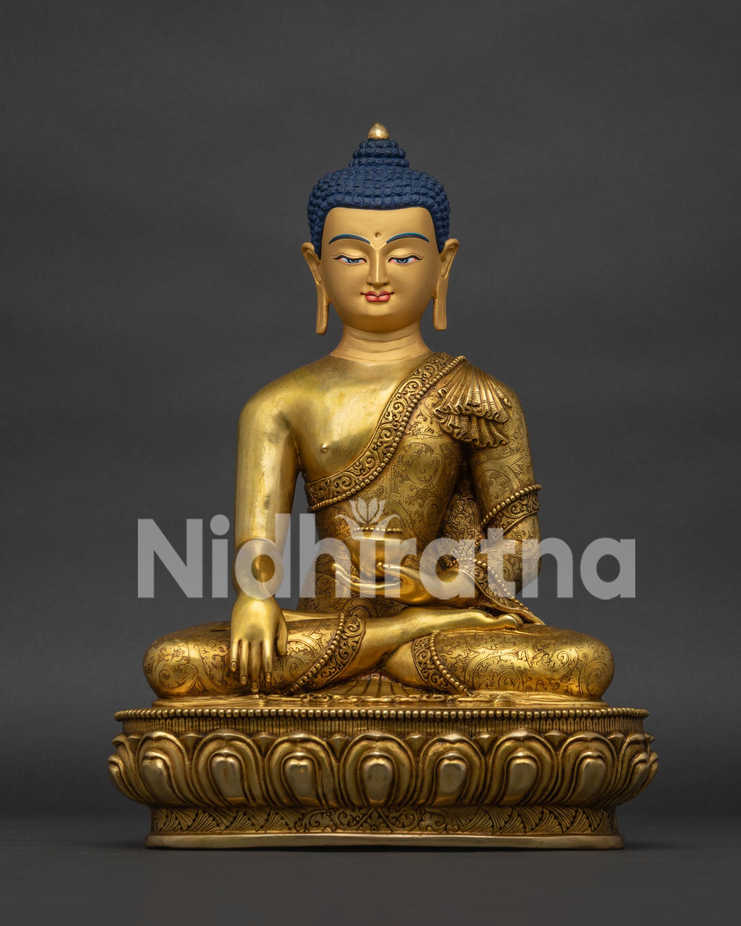 Front view of 24K gold-gilded Shakyamuni Buddha statue handcrafted in copper from Nepal