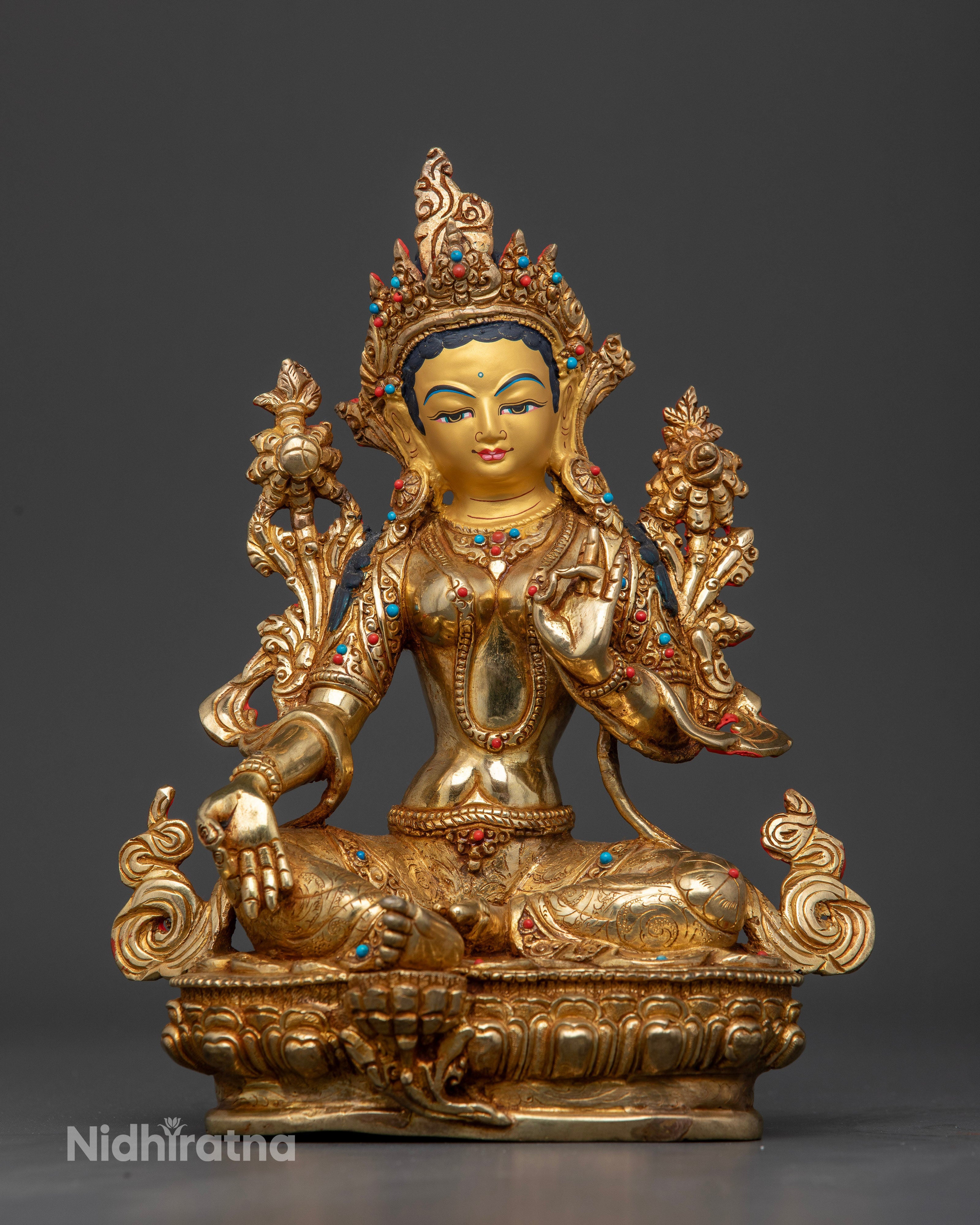 Goddess Green Tara statue handmade Nepal lost wax casting copper gold fire gilded semi precious stones