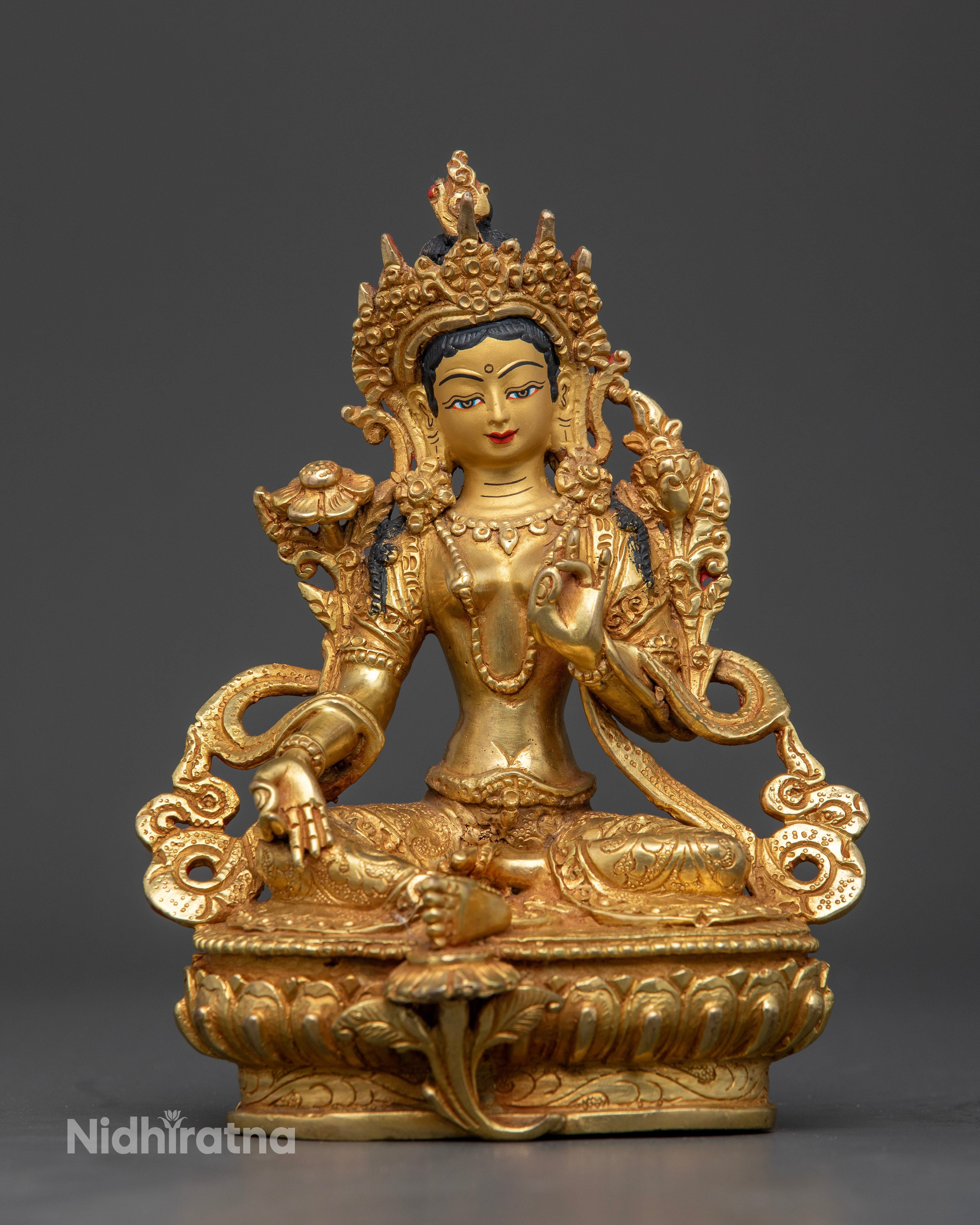 front view of Green Tara Sculpture handcrafted Nepal gold gilded copper lotus seat meditation decor