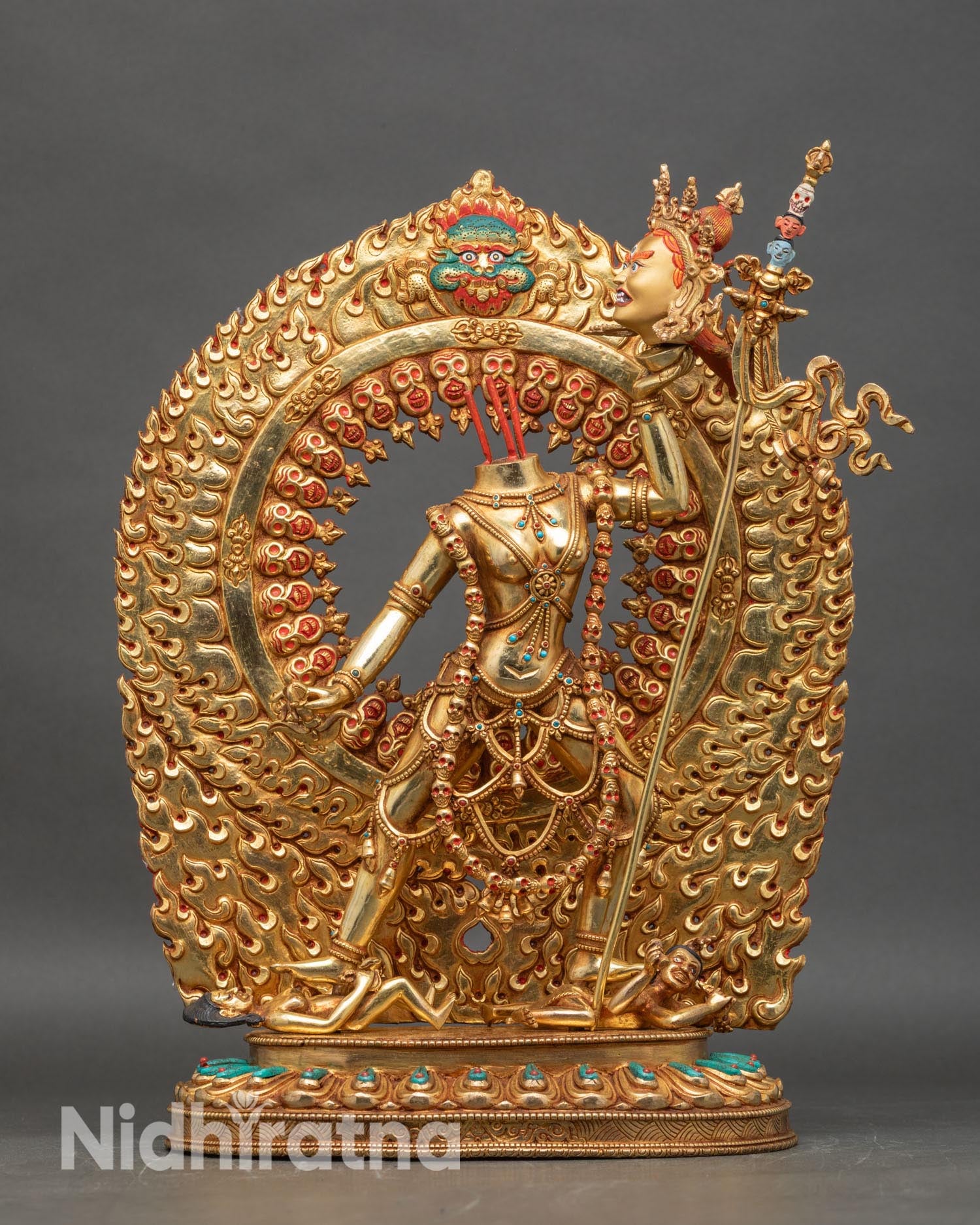 front view of Vajrayogini Ucheyema statue handcrafted Nepal copper gold painted face lotus pedestal