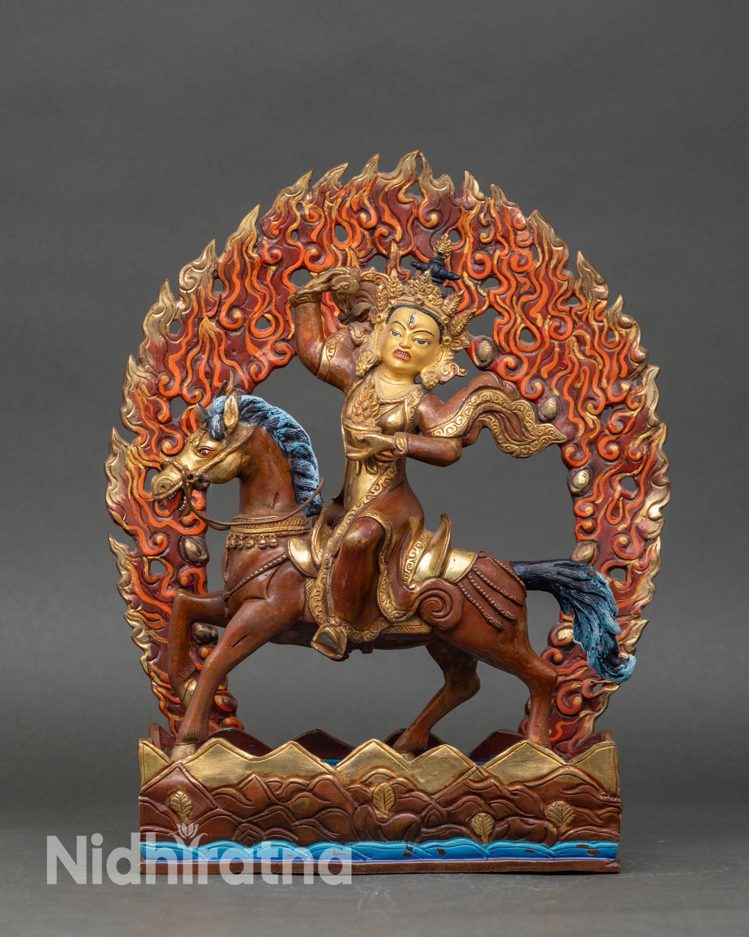 Front view of Achi Tsogyal Drolma statue, handcrafted Nepal copper oxidized gold painted face horse lotus pedestal flaming halo