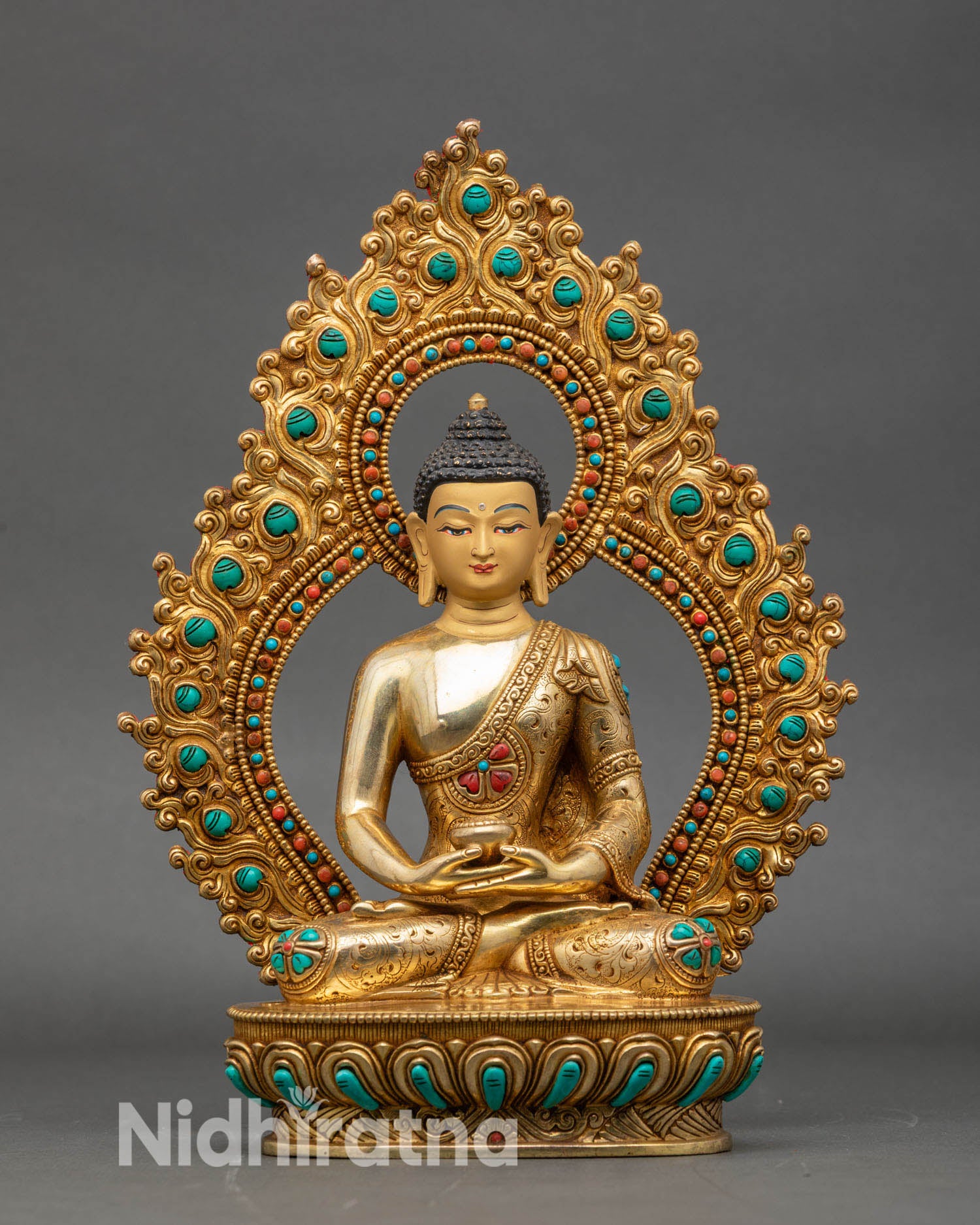 Front view Amitabha Buddha statue, gold-gilded copper, Patan Nepal handmade art