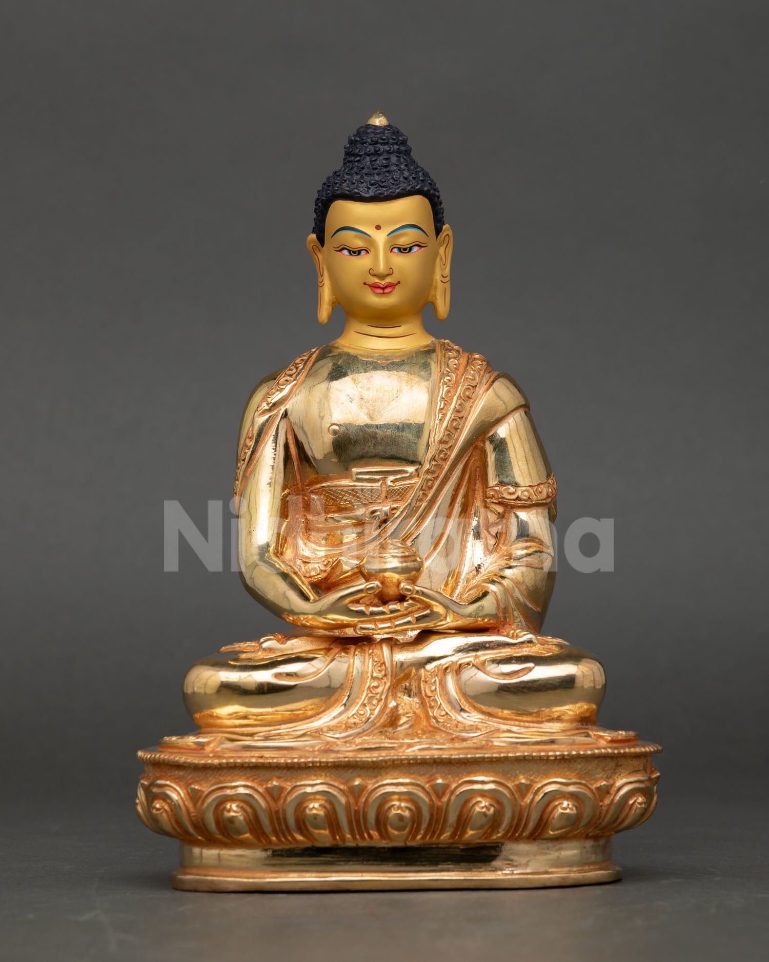 Front view of Amitabha Buddha statue in gold gilded copper handcrafted in Nepal