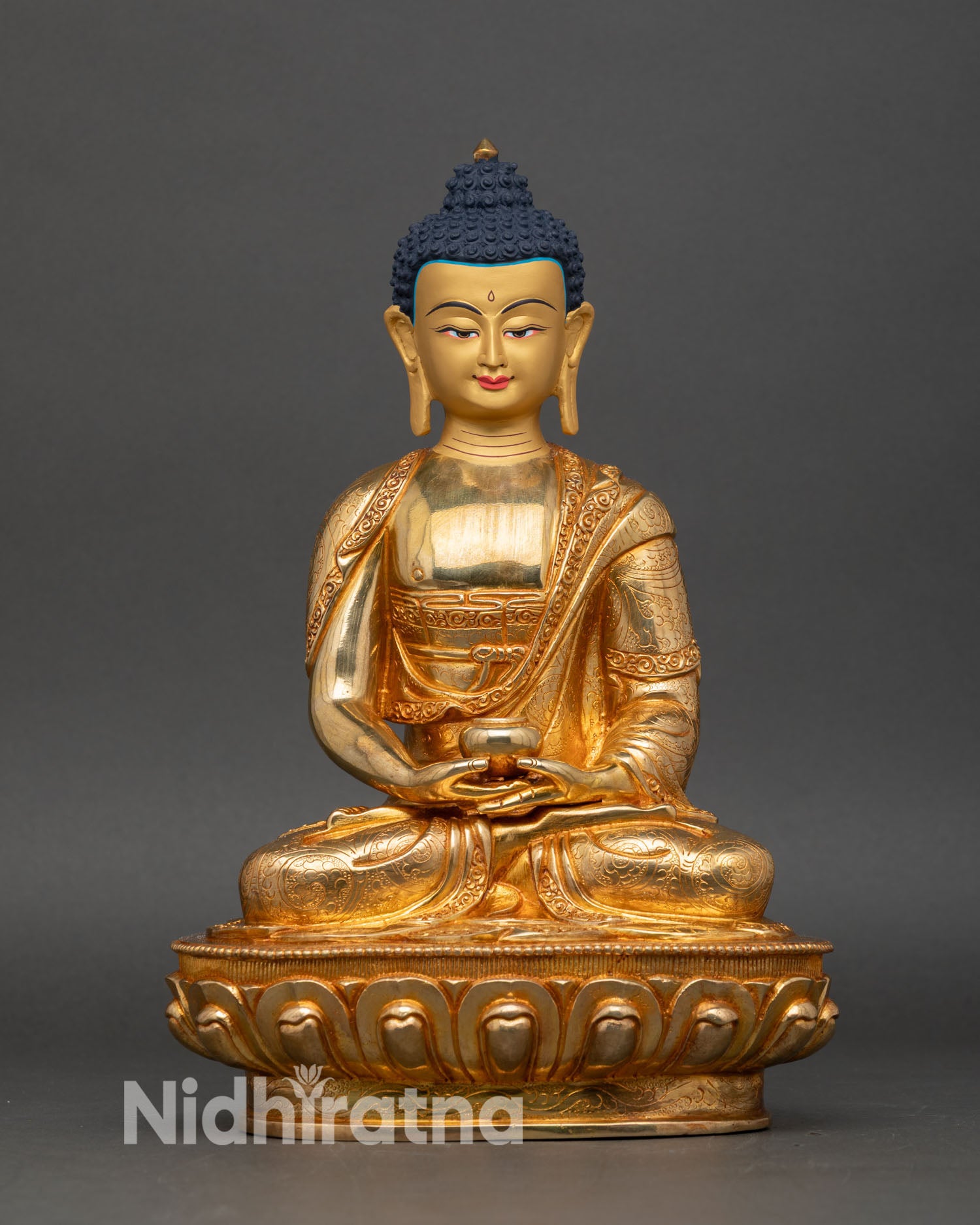 Front view Amitabha Buddha statue Nepalese copper gold fire-gilded