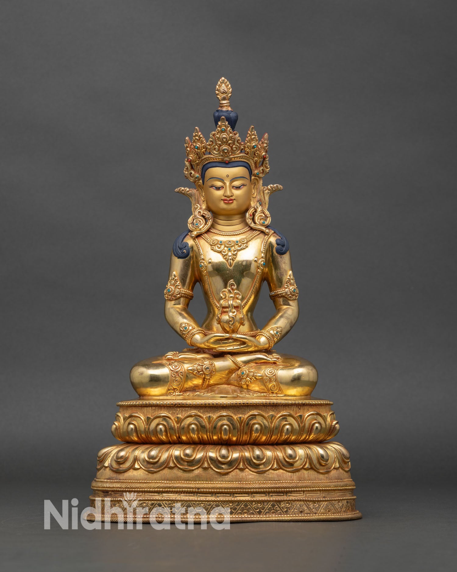 Front View Amitayus Bodhisattva Statue Gold Fire Gilding Lotus Pedestal Five Jewel Crown