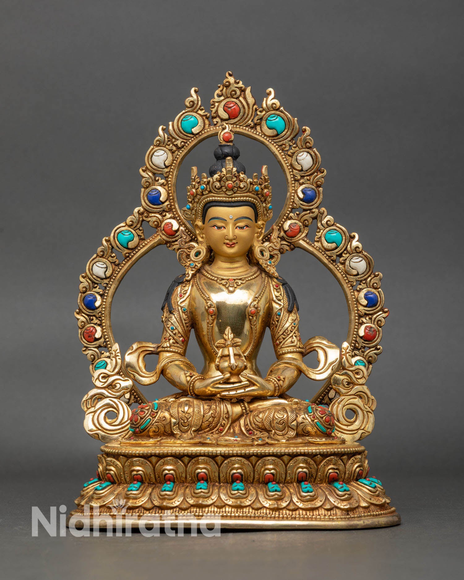 Front view Amitayus Bodhisattva statue Nepalese copper 24K gold semi precious stones