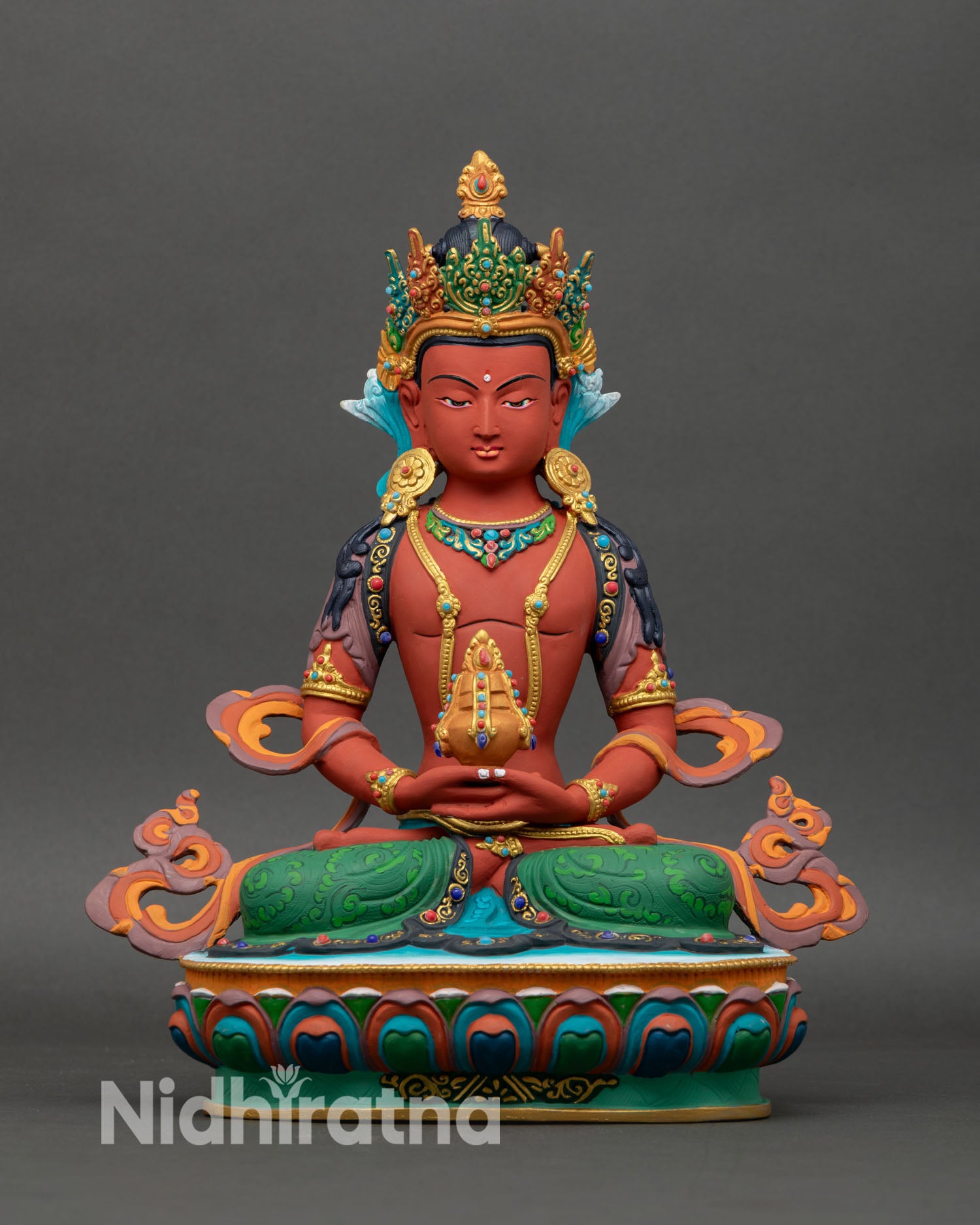 Front view of Amitayus Buddha statue handcrafted in Nepal with copper and lost-wax technique