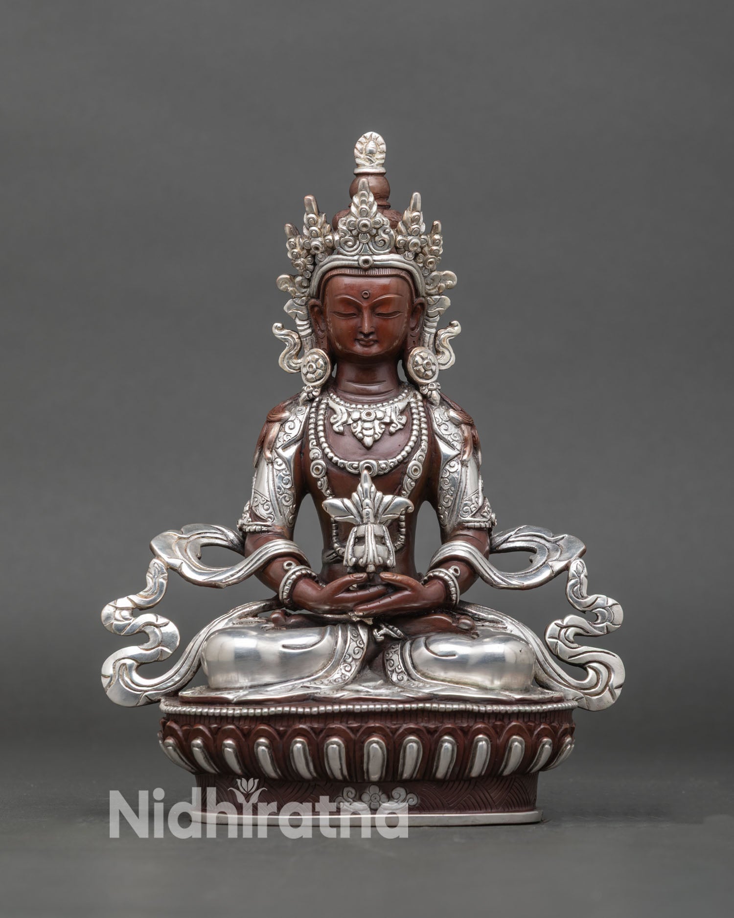 Front View Amitayus Buddha Statue Oxidized Copper Silver Plated Himalayan Art