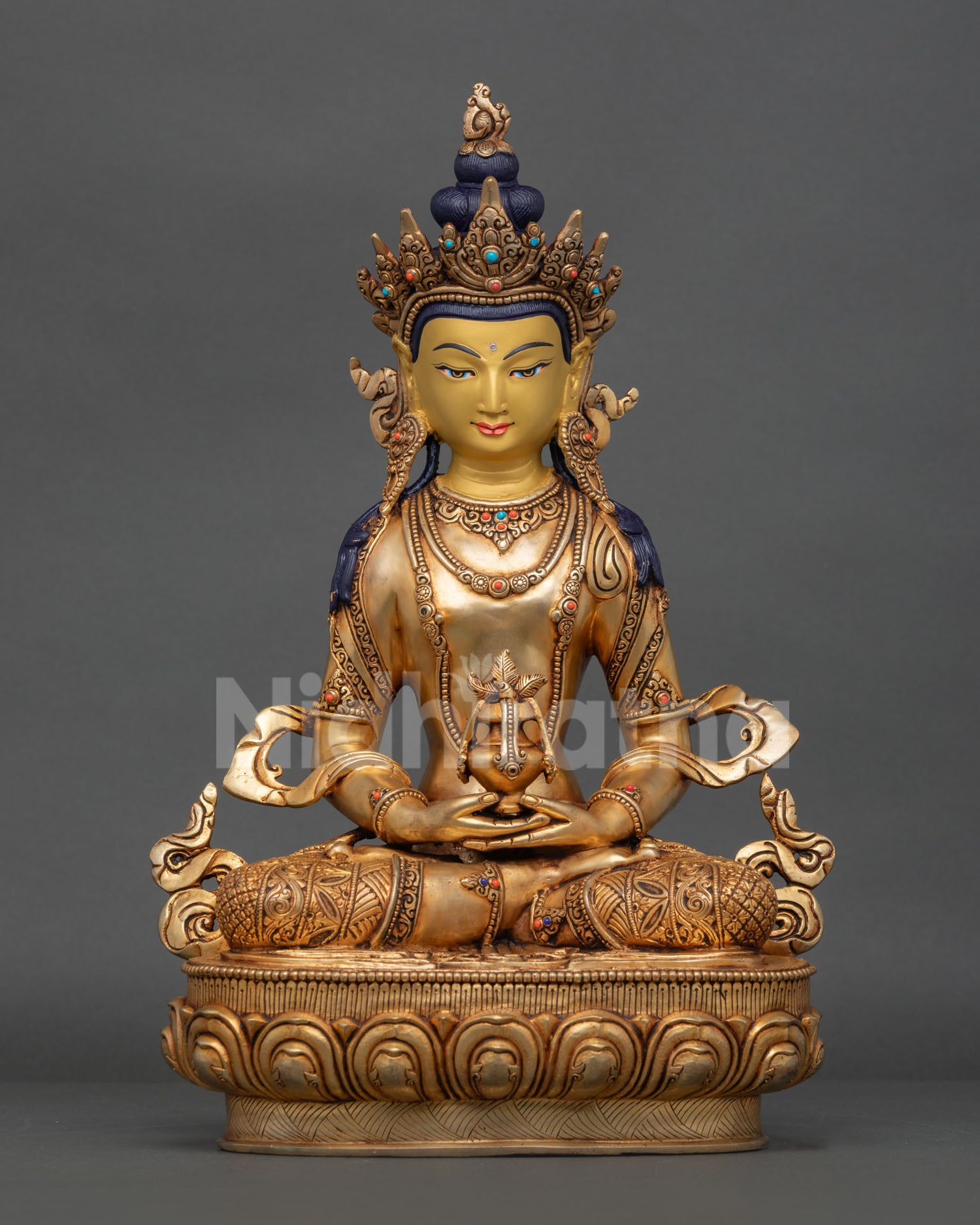 Front View of Amitayus Statue, 24K Gold Gilded Longevity Deity, Nepalese Buddhist Art